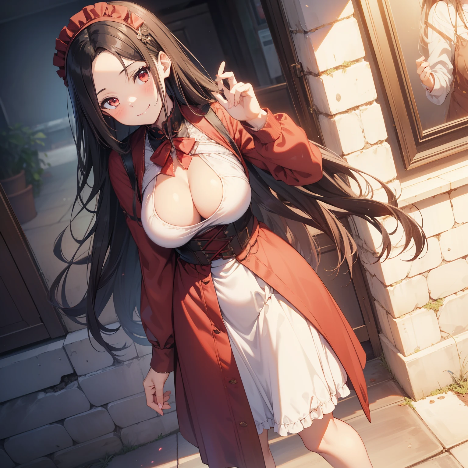 (masutepiece,Best Quality,8K),(extremely detailed CG1.1),s girl,Smile,large boob,(From below:1.2),Intricate details , Hyper realistic, Perfect Anatomy,A dark-haired,Red Eyes,(((Forehead))),Permed hair with wavy hair,(((length hair))),Hair over one eye,hair slicked back,(((Standing))),Full body,Maid costume,blush,Happy smile,stately western-style building,Looking at Viewer