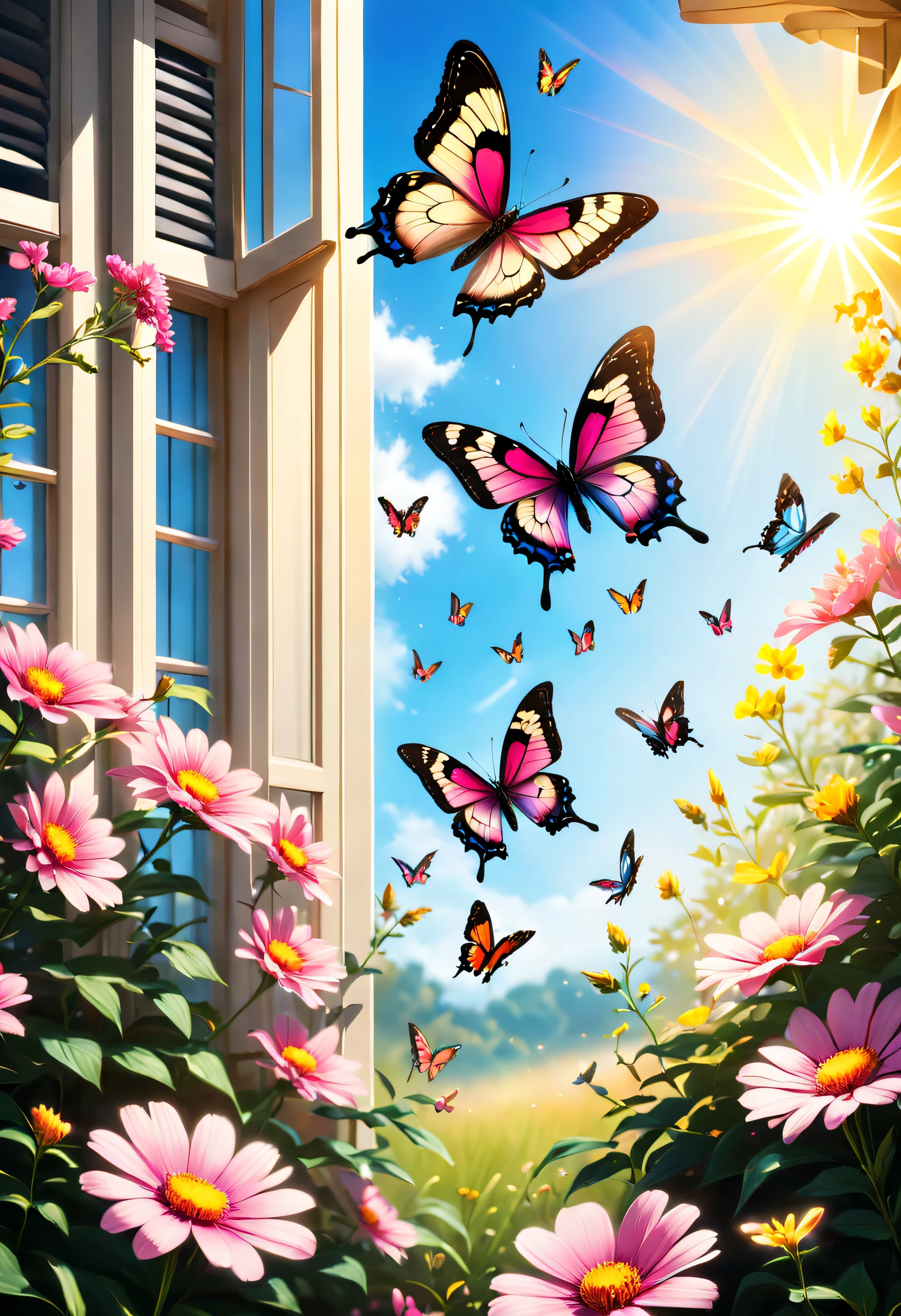 Butterflies flying over the flower bed，The background is sunny, Butterflies and sunlight, butterflies flying, Flowers and butterflies, harmony of butterfly, Glowing pink butterfly, Butterfly in the foreground, butterfly flying in the sky, A beautiful photo, beautiful photograph, butterflys, Beautiful black blue yellow, Incredibly beautiful, butterflys, glowing butterflies, window shutters, beatiful background