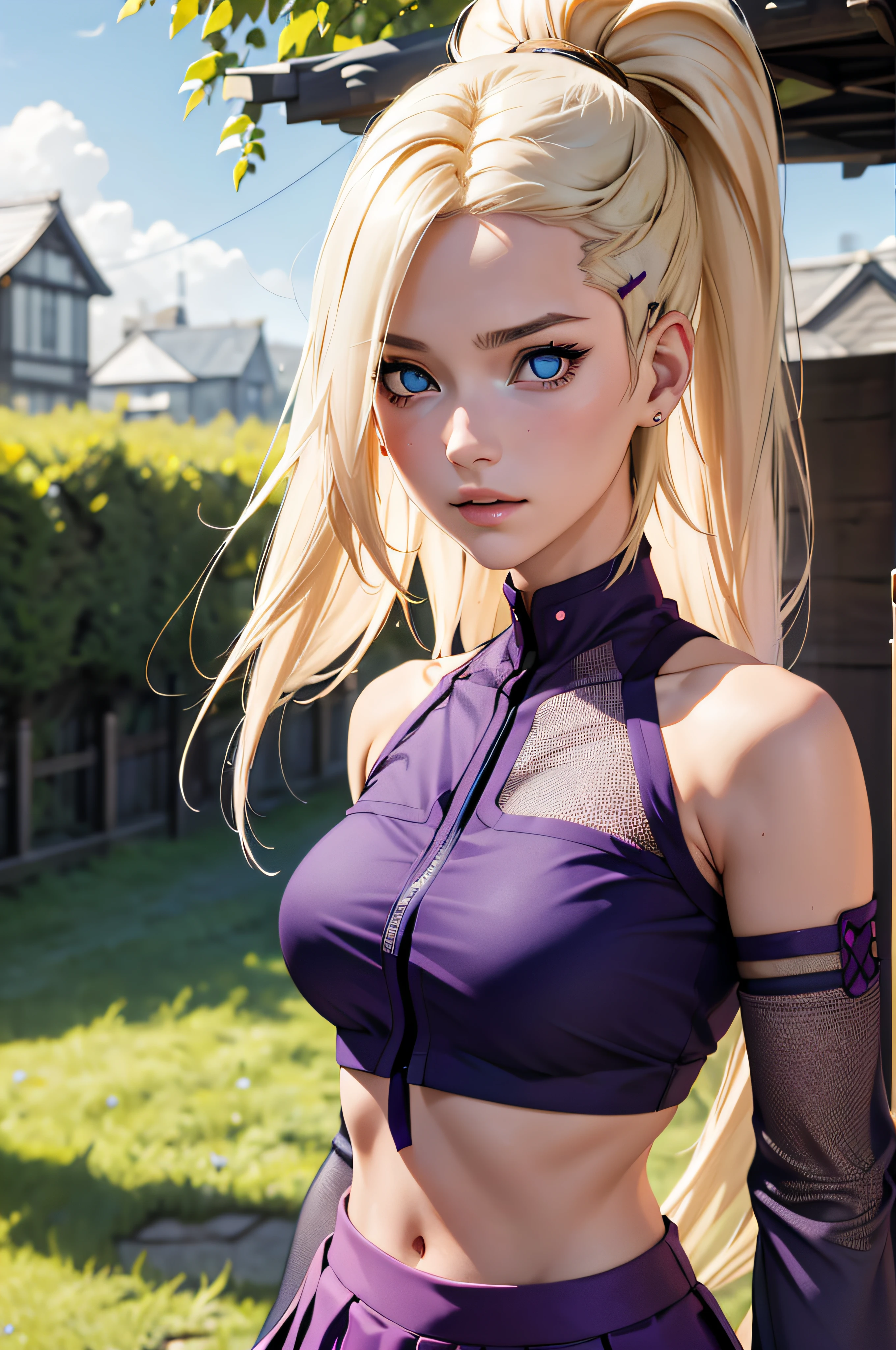 (masterpiece), best quality, expressive eyes, perfect face, 1 girl, solo, yamanaka ino, blonde hair, blue eyes, purple crop top, separate sleeves, purple skirt, mesh sleeves, , meshes, outdoors, natural lighting, portrait, looking at viewer,