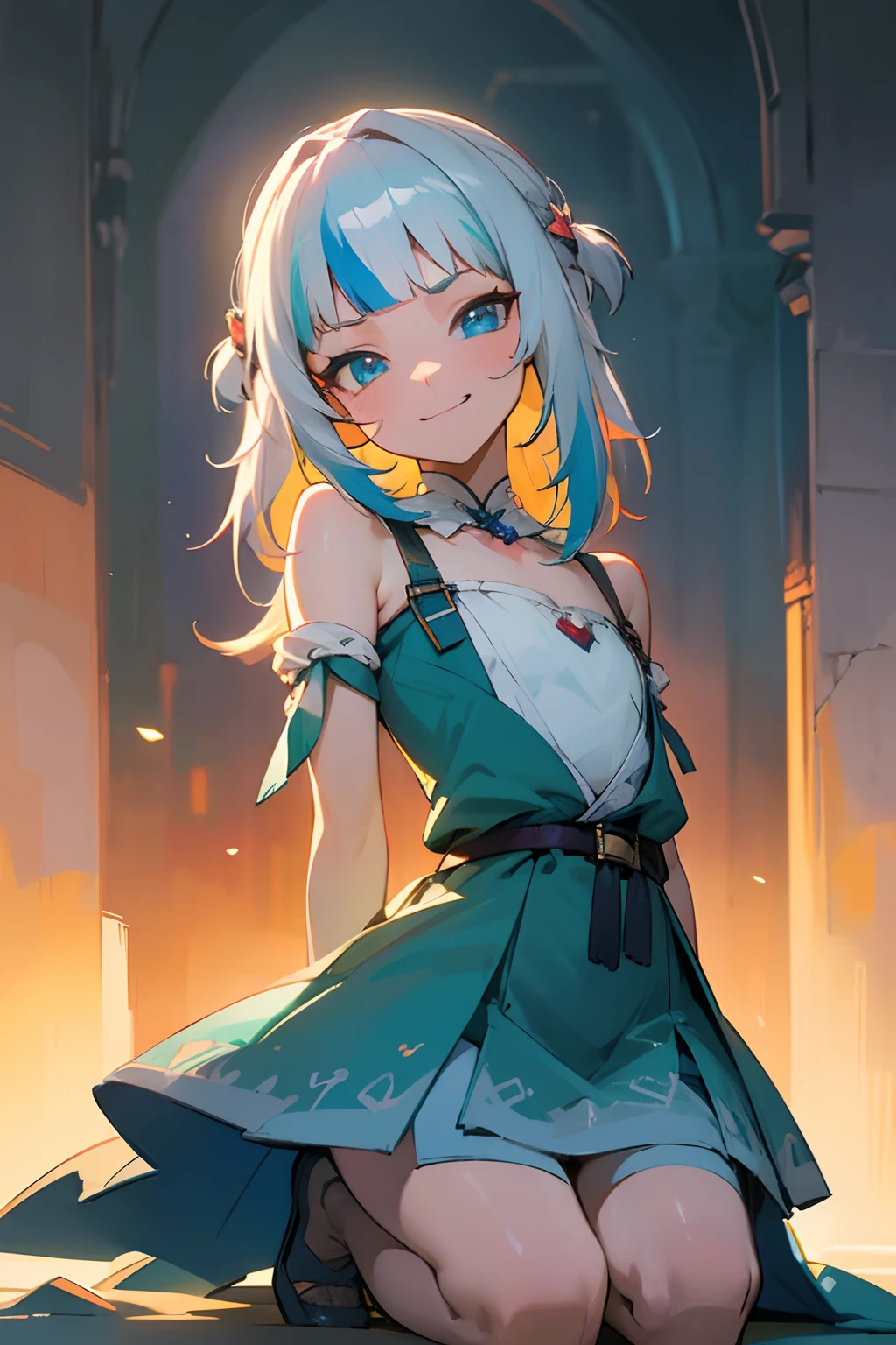 ((Gawr gura)), ((Masterpiece)), (highly saturated), (High Definition:1.3), (Professional Photography:1.2), (cinematic lighting), (flat body), (flat chest), (very smirk), ((Bright eyes)), (Detailed eyes), ((focus detailed 2 straps on the shoulders of dress)) , ((shiny facial skin)), with colorful hair and a colorful dress, (kneeling), pastel vibrant, style anime 8k, beautiful portrait, dream artgerm, beautiful anime girl, on the street