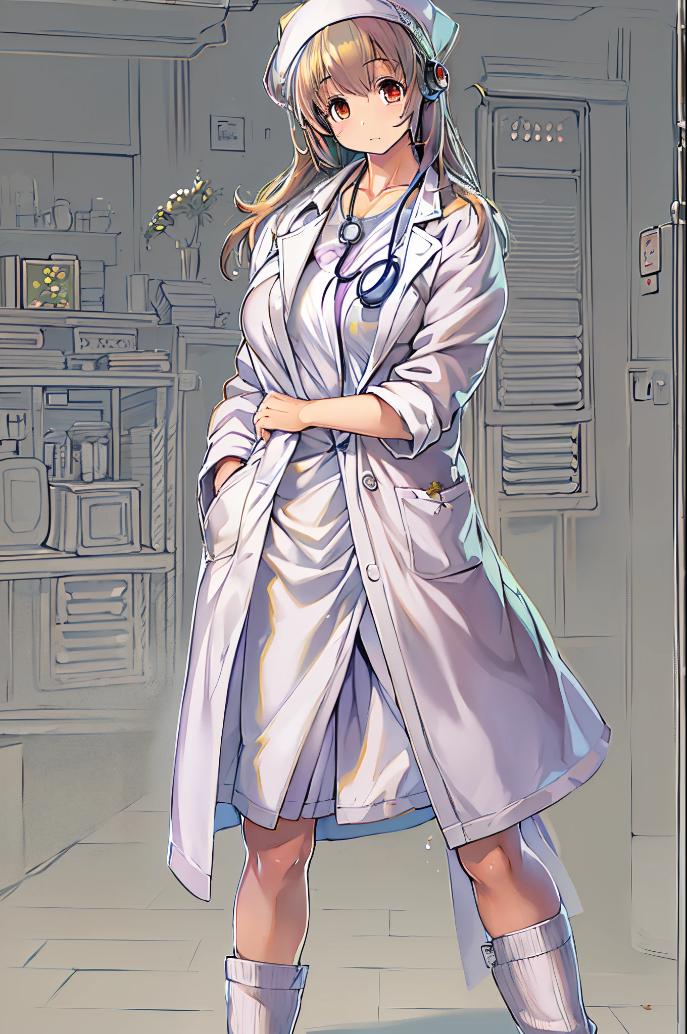 1woman, Sexy doctor, Curly brown hair, Blue eyes, Standing, ((doctors office)), sharp outline, a natural female, 35 year old, Best Quality, masterpiece, doctor_uniform, labcoat, stethoscope, doctor,scrub top,scrub trousersdoctor_uniform, labcoat, stethoscope, doctor