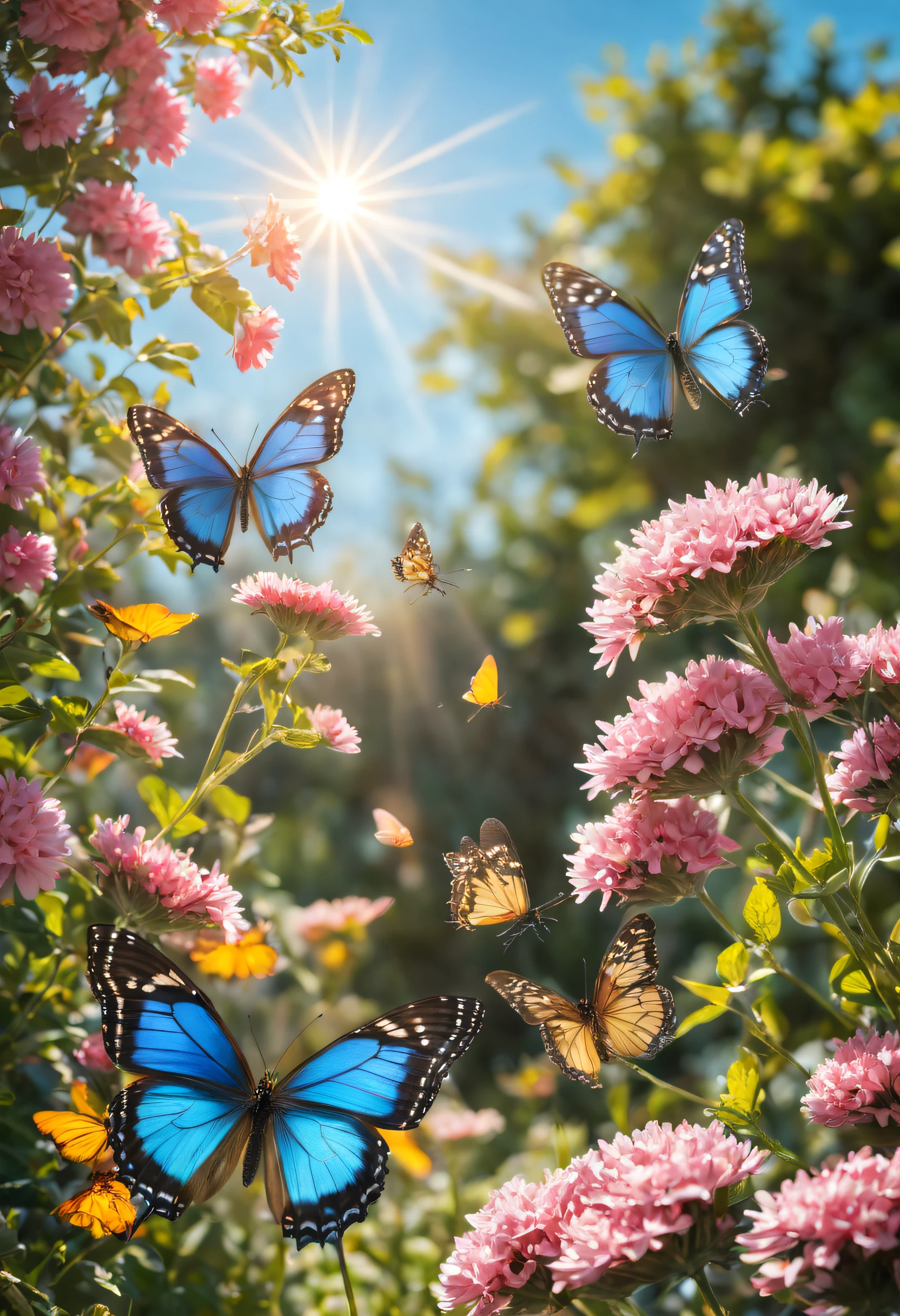 Butterflies flying over the flower bed，The background is sunny, Butterflies and sunlight, butterflies flying, Flowers and butterflies, harmony of butterfly, Glowing pink butterfly, Butterfly in the foreground, butterfly flying in the sky, A beautiful photo, beautiful photograph, butterflys, Beautiful black blue yellow, Incredibly beautiful, butterflys, glowing butterflies, window shutters, beatiful background