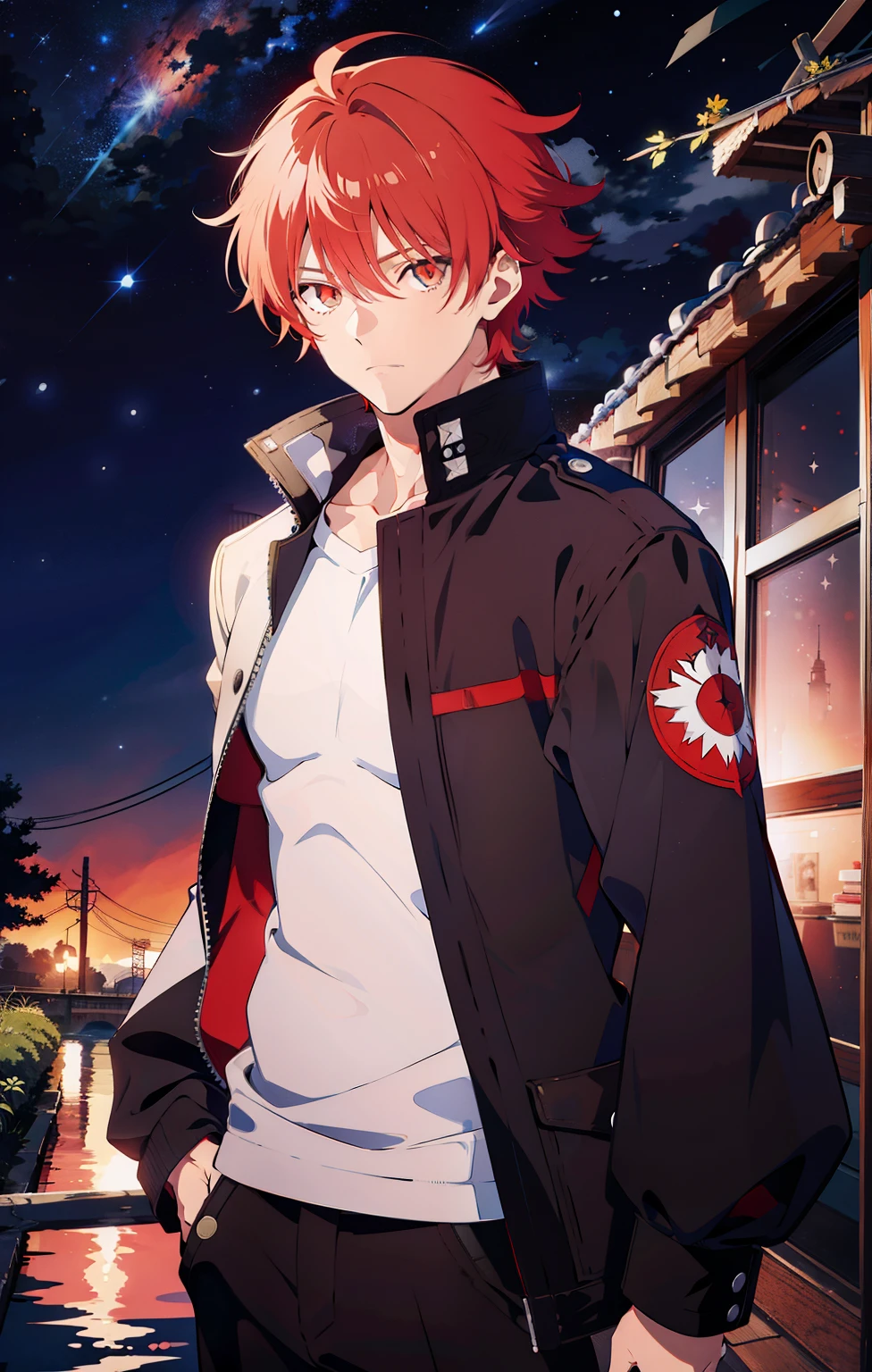 um homem com uma jaqueta preta forte, 20 anos , he will be redhead , olhos da cor vermelha , he will have a face similar to Gintoki Sakata , the background will be a starry nightscape , arte estilo anime jujutsu kaisen