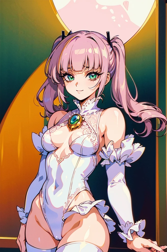 (masterpiece:1.1), best quality, NSFW,
1girl, (80s anime style:1.3), (eyelashes:1.5), (li:1.2),
(intricate high detailed body:1.2),
pink hair, (blunt bangs:1.1), (twintails, drill hair:1.2),
green eyes, (lip stick:1.2),
slender body, medium breasts,
(smirk:1.2),
neckwear, (white lace leotard with sleeves:1.1),
(short frill skirt:1.1), see-through clothes, jewelry,
(cowboy shot, looking at viewer, from front:1.1),
in royal palace