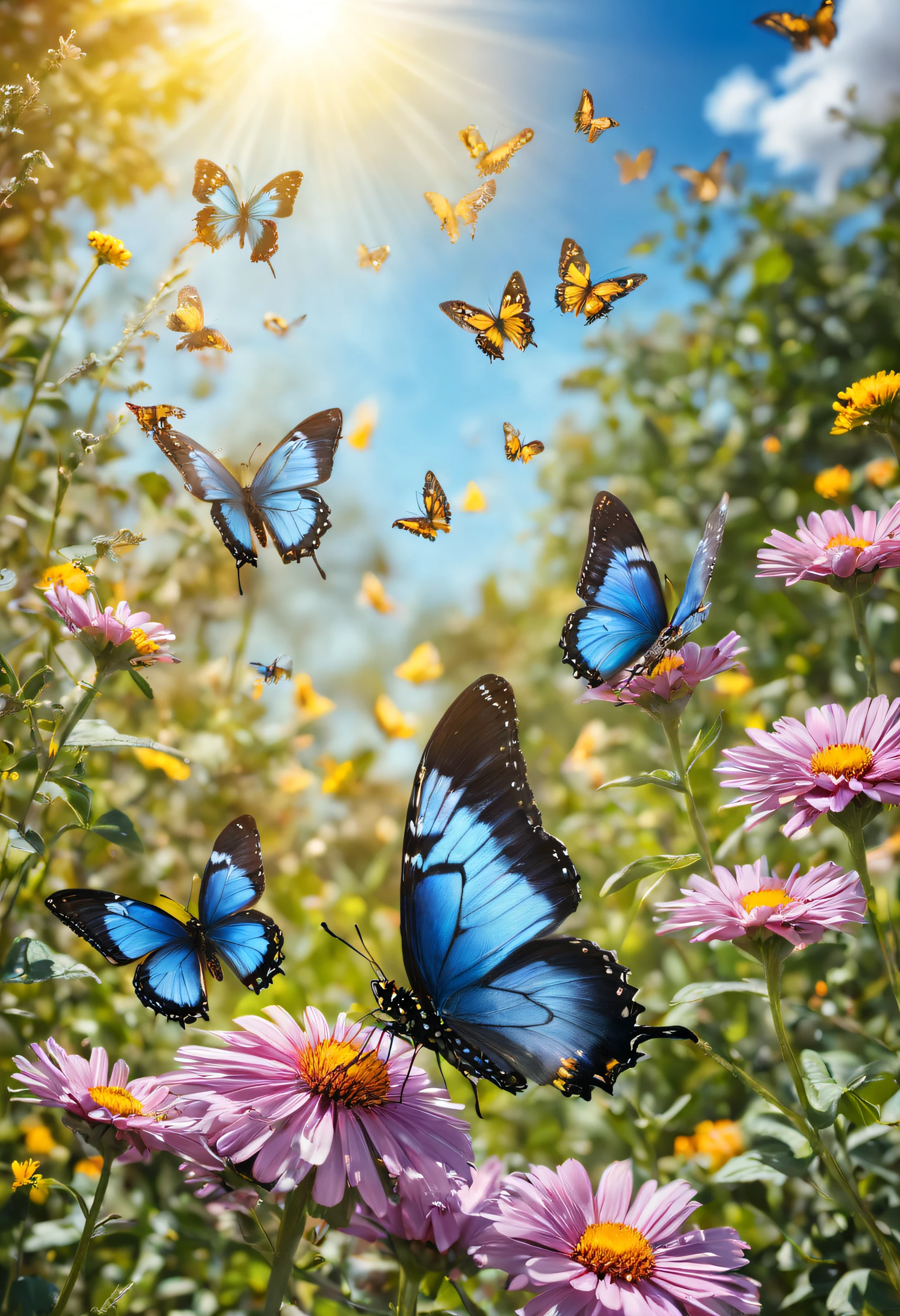 Butterflies flying over the flower bed，The background is sunny, Butterflies and sunlight, butterflies flying, Flowers and butterflies, harmony of butterfly, Glowing blue butterfly, Butterfly in the foreground, Butterflies flying in the sky, A beautiful photo, beautiful photograph, butterflys, Beautiful black blue yellow, Incredibly beautiful, butterflys, glowing butterflies, window shutters, beatiful background