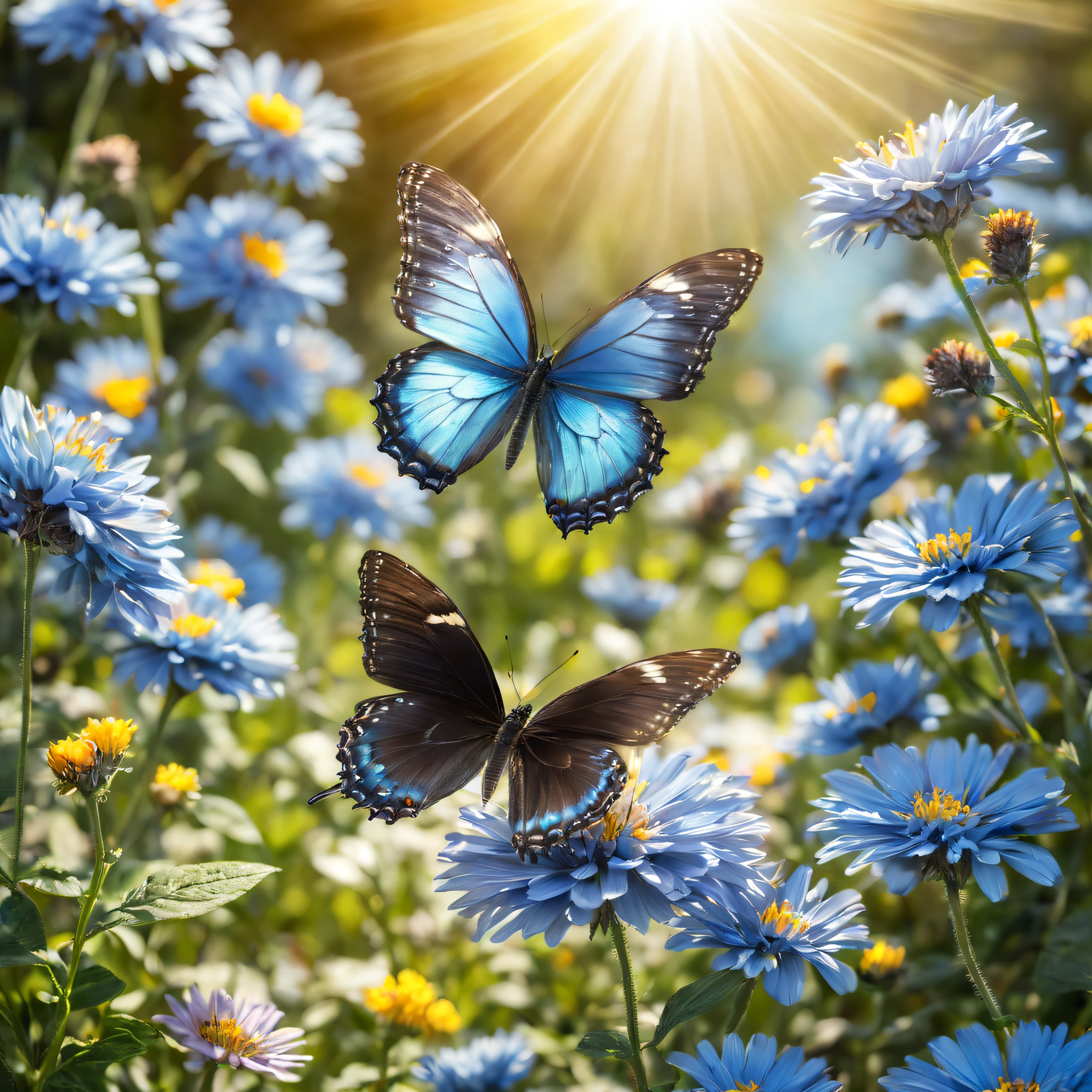 Futuristic ethereal butterfly，Sci-fi butterflies，Futuristic butterflies，mechanical butterfly，Futuristic jungle background，tmasterpiece，（Very detailed CG unified 8k wallpaper），（Best quality），（Best Best Illustration），（The best shadow），The background is a forest theme，With natural elements，Blooming flowers，warm color palette，Surrounded by delicate leaves and branches，rays of sunshine，（nature elements），（Jungle theme），（leafs），grape trees，butterflys，（exquisite leaves），（particle effect），isometric 3D，Rendered by Octane， ray traycing，ultra - detailed