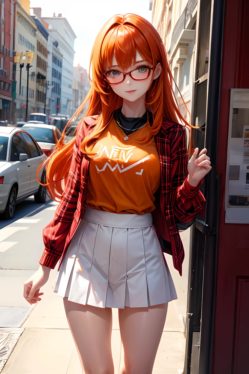 vtuber Caucasian Girl with orange hair and red glasses portrait