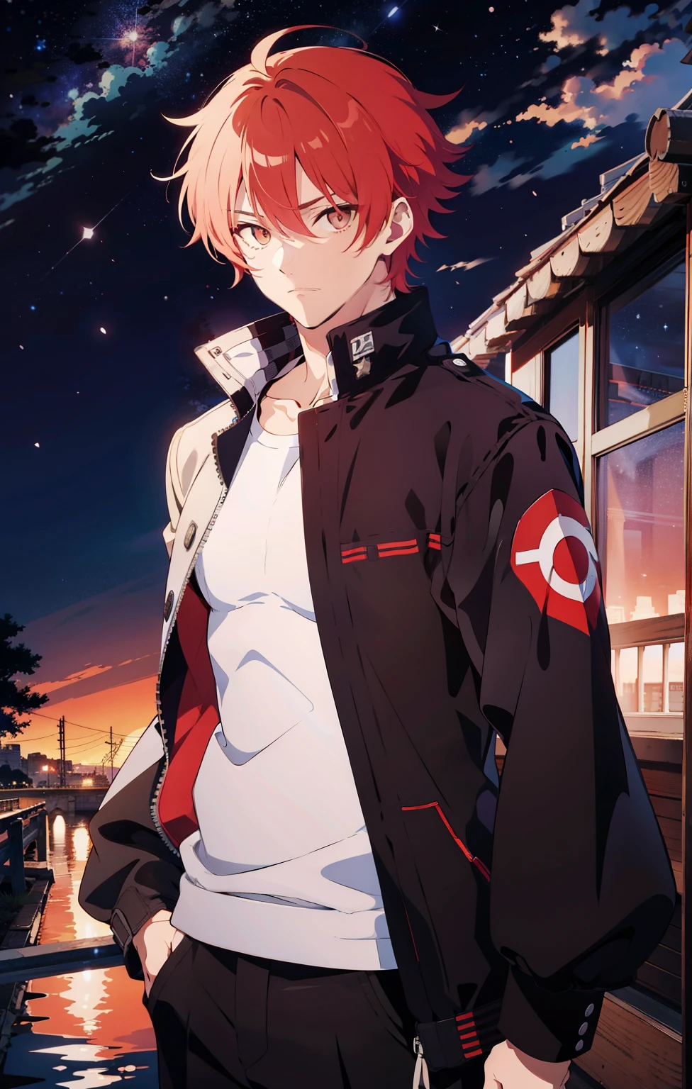 um homem com uma jaqueta preta forte, 20 anos , he will be redhead , olhos da cor vermelha , he will have a face similar to Gintoki Sakata , the background will be a starry nightscape , arte estilo anime jujutsu kaisen