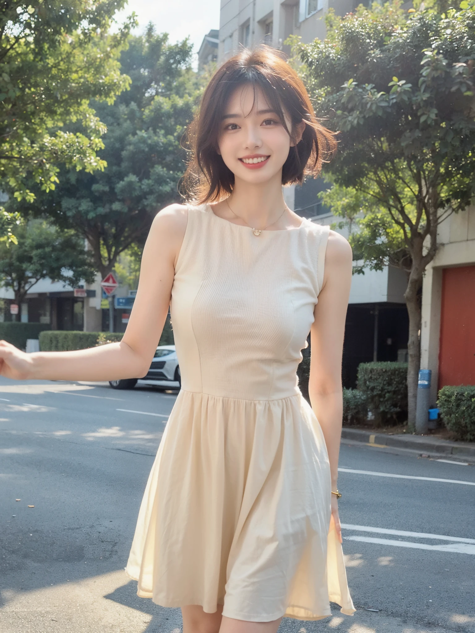 高画質，4k，a true，Ultra-clear，Pale yellow dress, 1 girl , short detailed hair，Show teeth when smiling，at the street side