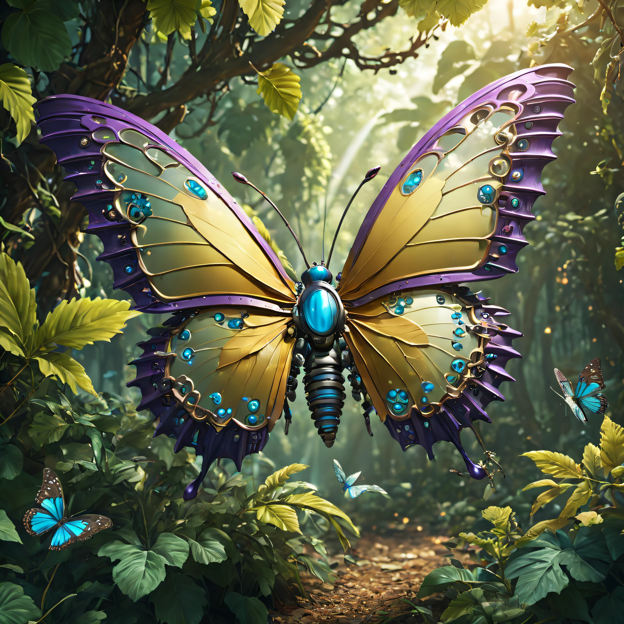 Futuristic ethereal butterfly，Sci-fi butterflies，Futuristic butterflies，Mechanical butterfly，Futuristic jungle background，tmasterpiece，（Very detailed CG unified 8k wallpaper），（Best quality at best），（Best Best Illustration），（The best shadow），The background is a forest theme，With natural elements，flowers in full bloom，warm color palette，surrounded by exquisite leaves and branches，rays of sunshine，（nature elements），（Jungle theme），（leafs），grape trees，butterflys，（exquisite leaves），（particle effect），isometric 3D，Rendered by Octane， Ray traching，ultra - detailed