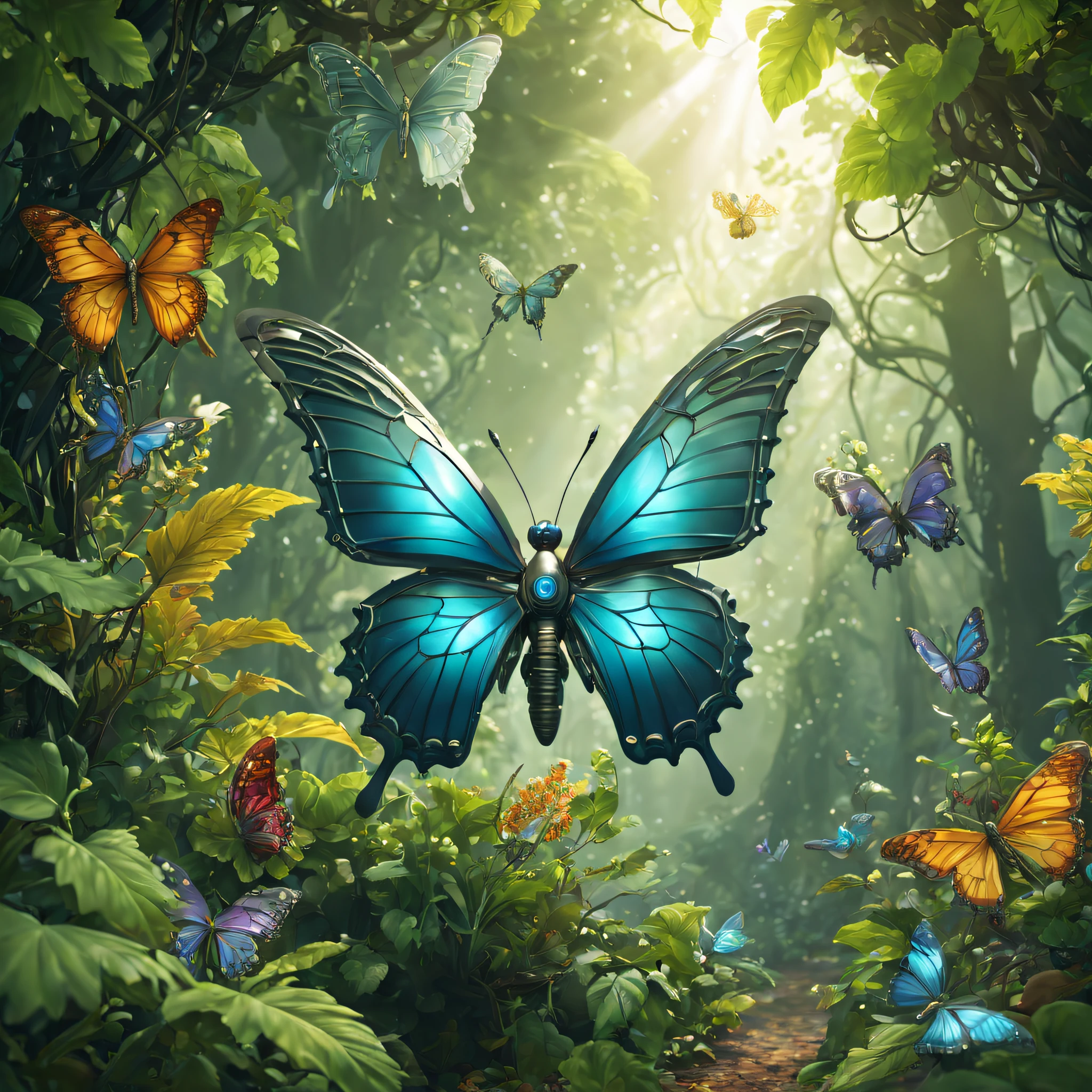 Futuristic ethereal butterfly，Sci-fi butterflies，Futuristic butterflies，Mechanical butterfly，Futuristic jungle background，tmasterpiece，（Very detailed CG unified 8k wallpaper），（Best quality at best），（Best Best Illustration），（The best shadow），The background is a forest theme，With natural elements，flowers in full bloom，warm color palette，surrounded by exquisite leaves and branches，rays of sunshine，（nature elements），（Jungle theme），（leafs），grape trees，butterflys，（exquisite leaves），（particle effect），isometric 3D，Rendered by Octane， Ray traching，ultra - detailed