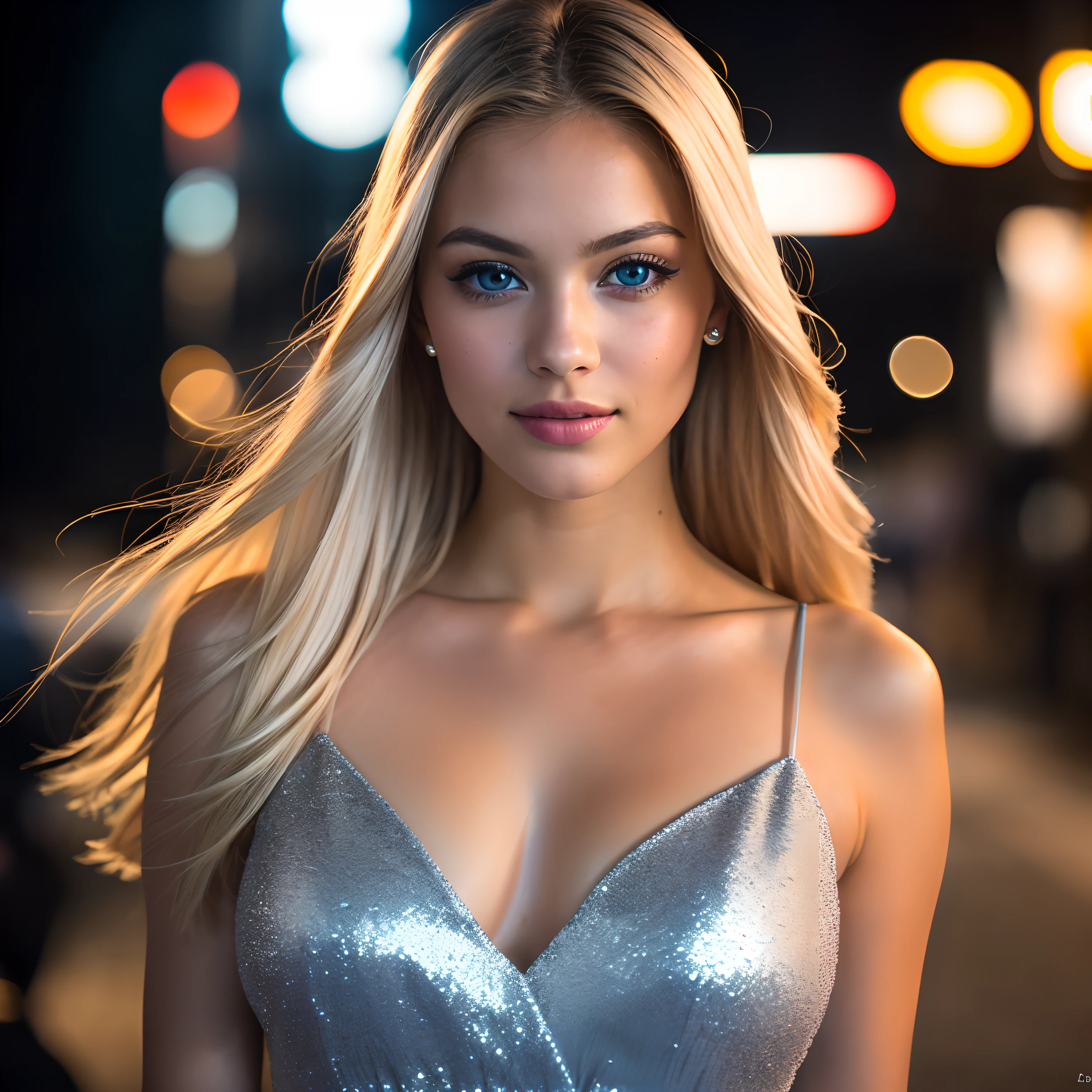 (selfie, top view: 1.4), (straight half of the body: 1.4), RAW UHD portrait photo of a 18-year-old blonde (blue-eyed woman) walking down a dark alley, large breasts,, city at night, (dress), (neckline), details (textures! , hair! , glitter, color!! , disadvantages: 1.1), glossy eyes with high detail (looking at the camera), SLR lighting, SLR camera, ultra-quality, sharpness, depth of field, film grain (center), Fujifilm XT3, crystal clear, frame center, beautiful face, sharp focus, street lamp, neon lighting, bokeh (dimly lit), night, (night sky), detailed skin pores, oily skin, sunburn, complex eye details, full body, large breasts