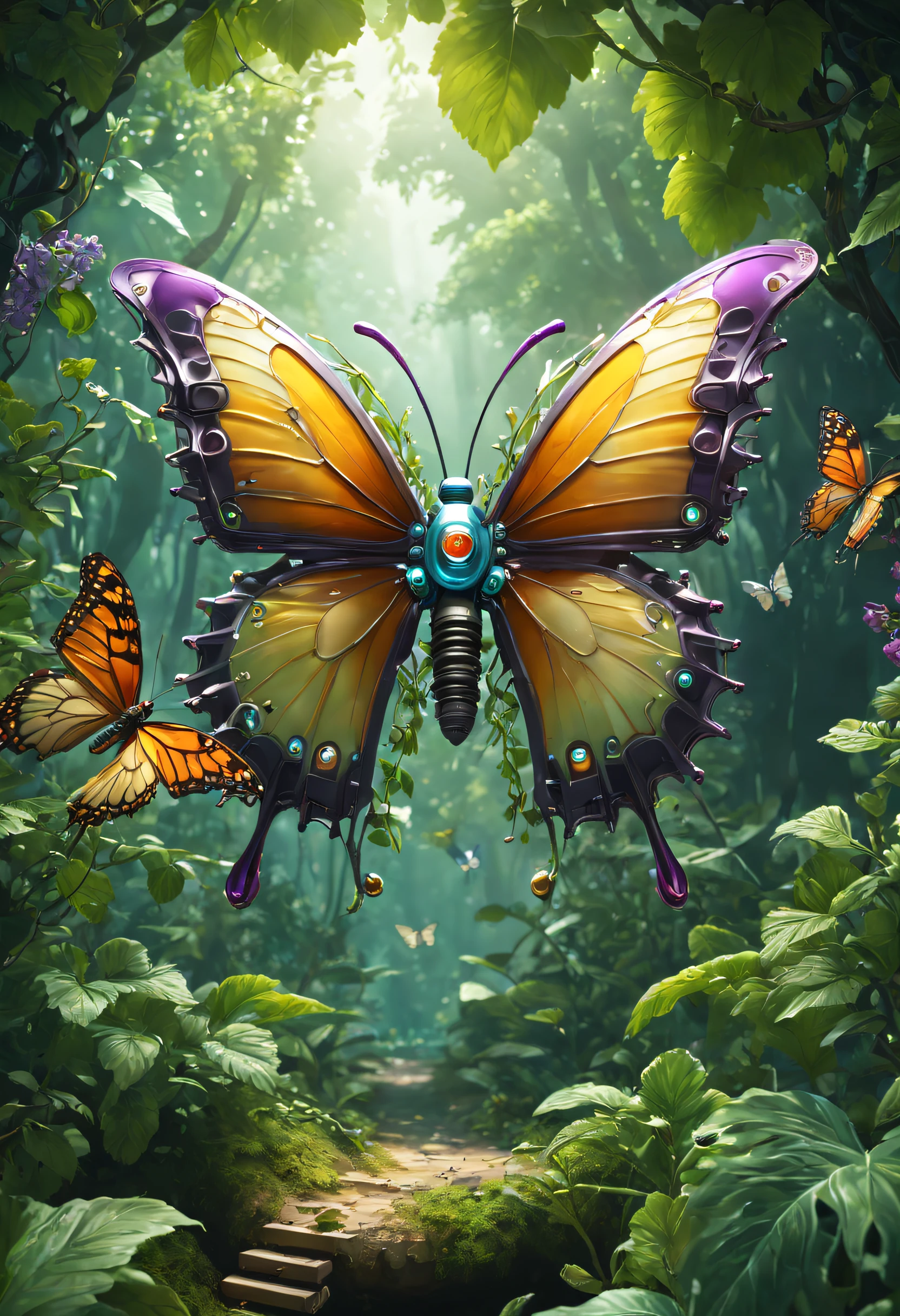Futuristic ethereal butterfly，Sci-fi butterflies，Futuristic butterflies，mechanical butterfly，Futuristic jungle background，tmasterpiece，（Very detailed CG unified 8k wallpaper），（Best quality），（Best Best Illustration），（The best shadow），The background is a forest theme，With natural elements，Blooming flowers，warm color palette，Surrounded by delicate leaves and branches，rays of sunshine，（nature elements），（Jungle theme），（leafs），grape trees，butterflys，（exquisite leaves），（particle effect），isometric 3D，Rendered by Octane， ray traycing，ultra - detailed