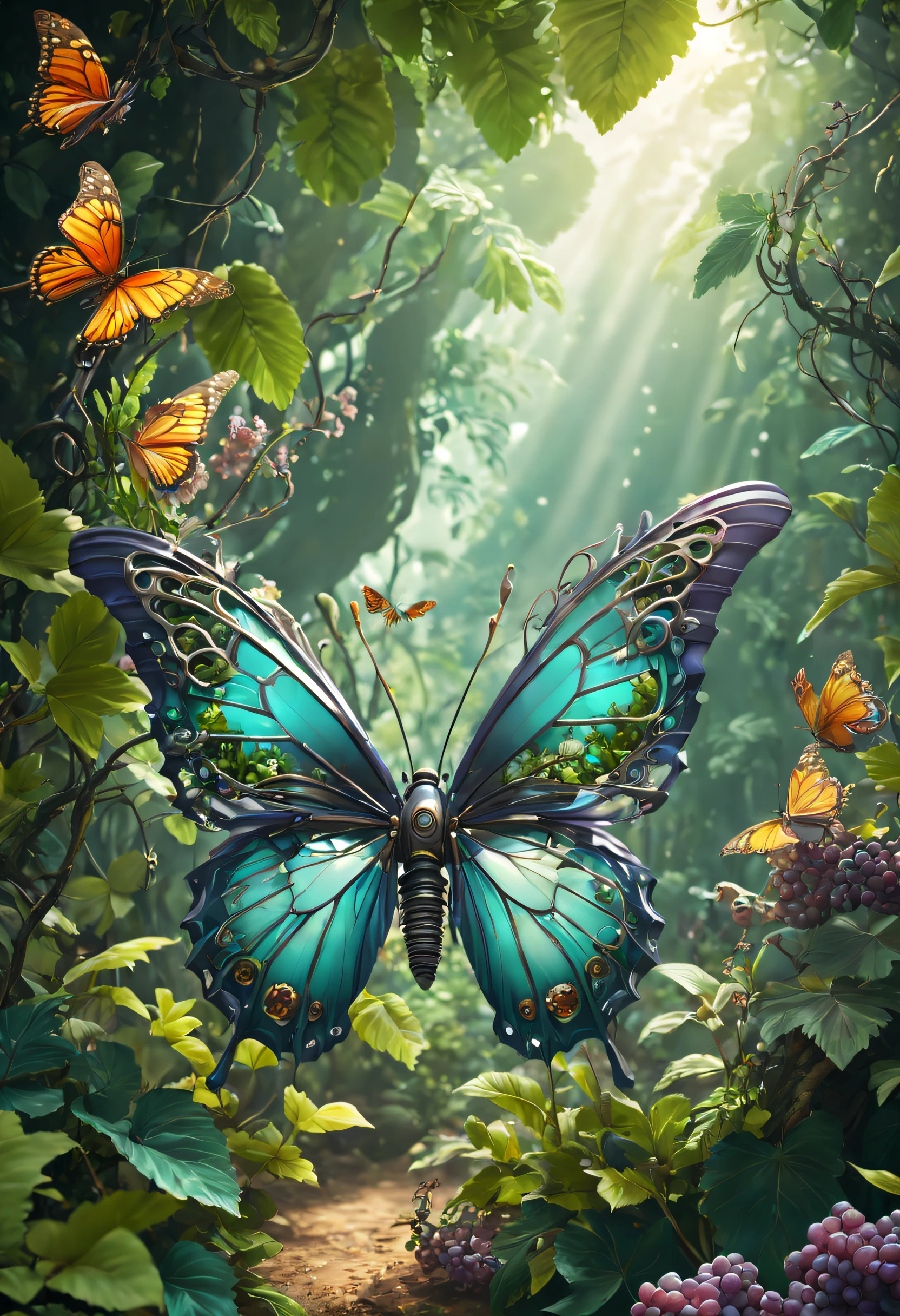 Futuristic ethereal butterfly，Sci-fi butterflies，Futuristic butterflies，mechanical butterfly，Futuristic jungle background，tmasterpiece，（Very detailed CG unified 8k wallpaper），（Best quality），（Best Best Illustration），（The best shadow），The background is a forest theme，With natural elements，Blooming flowers，warm color palette，Surrounded by delicate leaves and branches，rays of sunshine，（nature elements），（Jungle theme），（leafs），grape trees，butterflys，（exquisite leaves），（particle effect），isometric 3D，Rendered by Octane， ray traycing，ultra - detailed