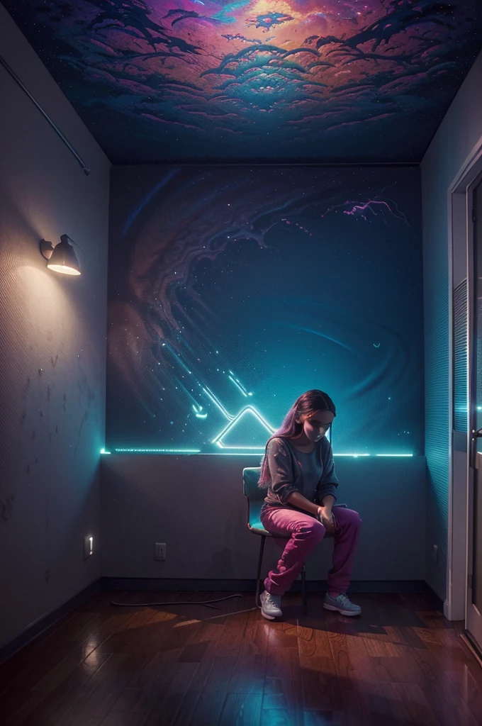 a dimly lit room with a person sitting in front of a window, a digital painting inspired by Cyril Rolando, unsplash, graffiti, reality infused with dreams, unreality, dreamlike digital painting, only visited during dreams, dreaming, dream aesthetic, in a dream, reality, dreamy illustration, ( ( ( synthwave ) ) ), inspirational artwork, dream scenery art