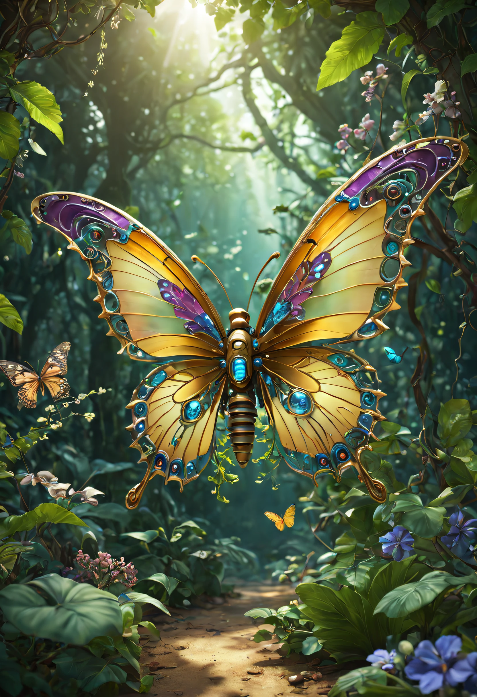 Futuristic ethereal butterfly，Sci-fi butterflies，Futuristic butterflies，mechanical butterfly，Futuristic jungle background，tmasterpiece，（Very detailed CG unified 8k wallpaper），（Best quality），（Best Best Illustration），（The best shadow），The background is a forest theme，With natural elements，Blooming flowers，warm color palette，Surrounded by delicate leaves and branches，rays of sunshine，（nature elements），（Jungle theme），（leafs），grape trees，butterflys，（exquisite leaves），（particle effect），isometric 3D，Rendered by Octane， ray traycing，ultra - detailed