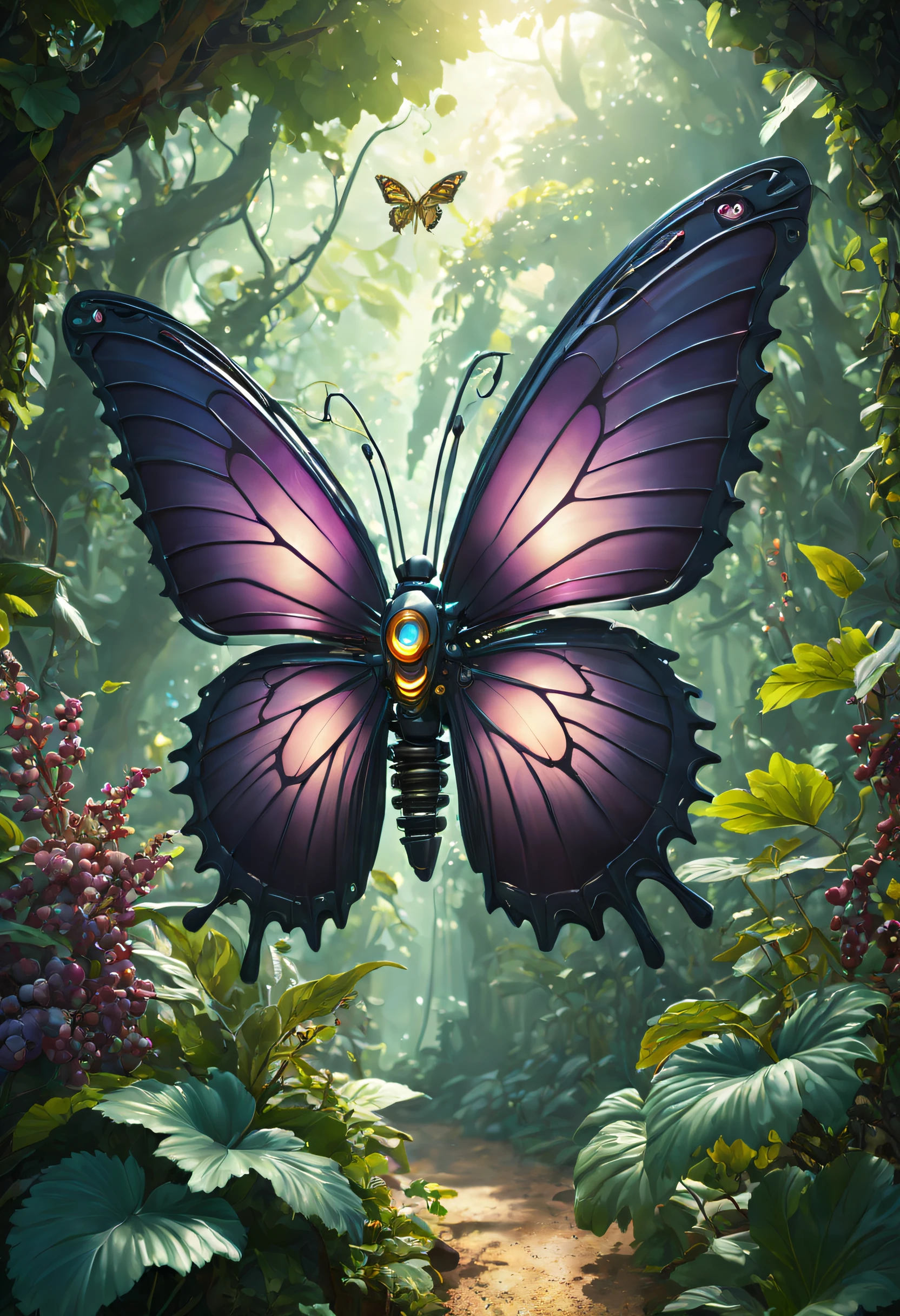 Futuristic ethereal butterfly，Sci-fi butterflies，Futuristic butterflies，mechanical butterfly，Futuristic jungle background，tmasterpiece，（Very detailed CG unified 8k wallpaper），（Best quality），（Best Best Illustration），（The best shadow），The background is a forest theme，With natural elements，Blooming flowers，warm color palette，Surrounded by delicate leaves and branches，rays of sunshine，（nature elements），（Jungle theme），（leafs），grape trees，butterflys，（exquisite leaves），（particle effect），isometric 3D，Rendered by Octane， ray traycing，ultra - detailed