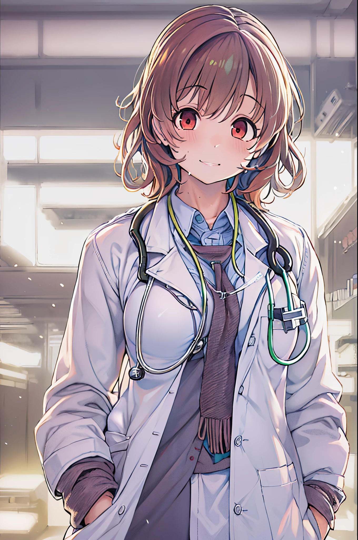 (Best Quality, masutepiece: 1.1), 1 girl、Anime character wearing a white lab coat, Smooth Anime CG Art, with white coat, wearing a white hospital gown, wearing lab coat and a blouse, With a stethoscope, doctor, makoto shinka, wearing lab coat, (doctor), By Shinkai Makoto. a digital rendering, stethoscope!, photorealistic anime girl render