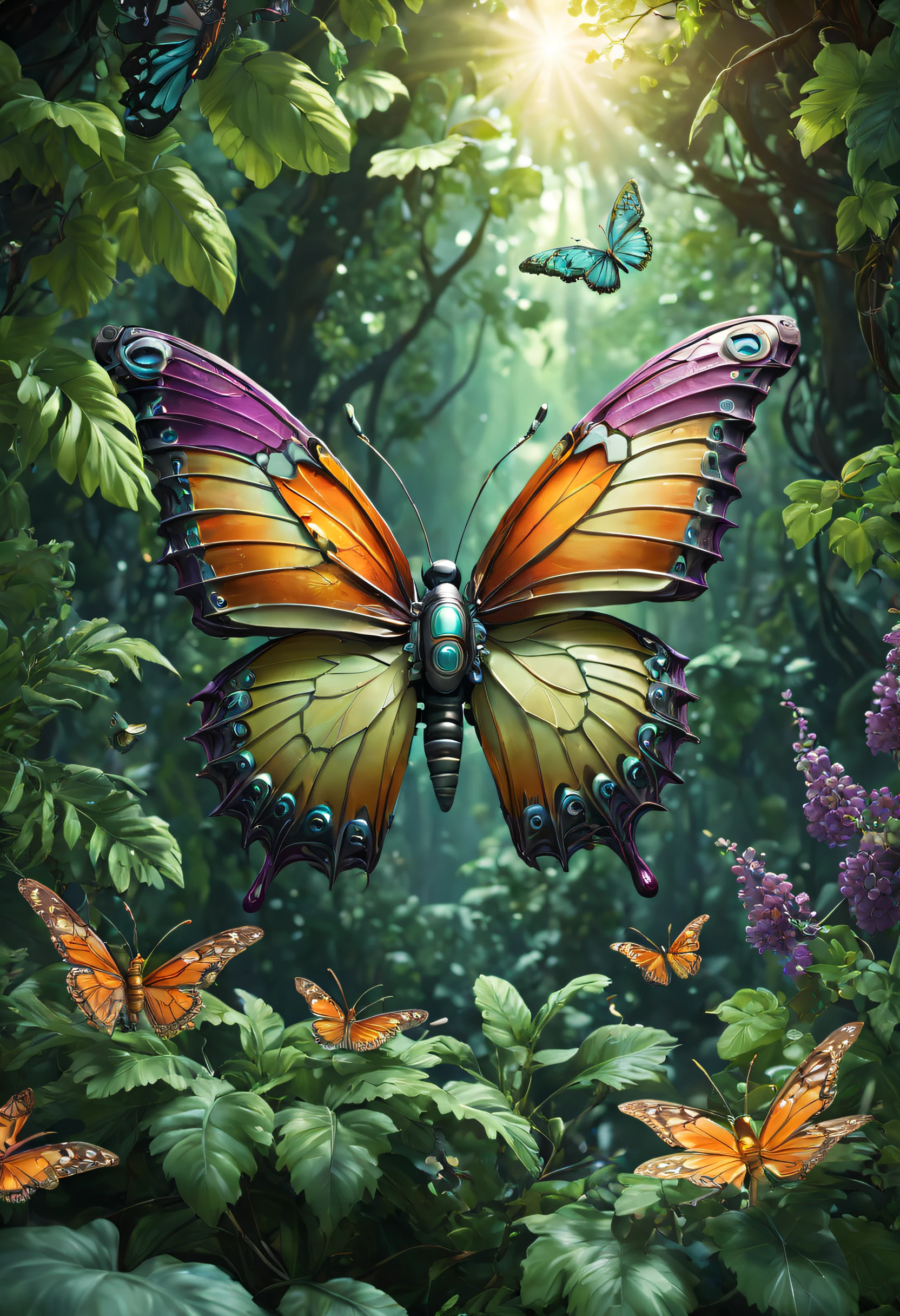Futuristic ethereal butterfly,Sci-fi butterflies,Futuristic butterflies,mechanical butterfly,Futuristic jungle background,tmasterpiece,(Very detailed CG unified 8k wallpaper),(Best quality),(Best Best Illustration),(The best shadow),The background is a forest theme,With natural elements,Blooming flowers,warm color palette,Surrounded by delicate leaves and branches,rays of sunshine,(nature elements),(Jungle theme),(leafs),grape trees,butterflys,(exquisite leaves),(particle effect),isometric 3D,Rendered by Octane, ray traycing,ultra - detailed