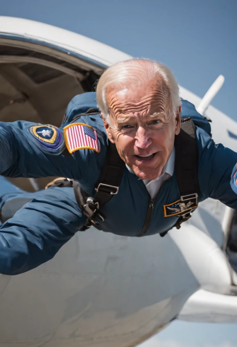 A photo of Joe Biden skydiving from a plane.,original, Joe Biden, the President of the United States, is typically seen in a suit and tie, often with a smile and aviator sunglasses, which have become somewhat of a trademark look for him. He has white hair, blue eyes, and is known for his friendly demeanor.