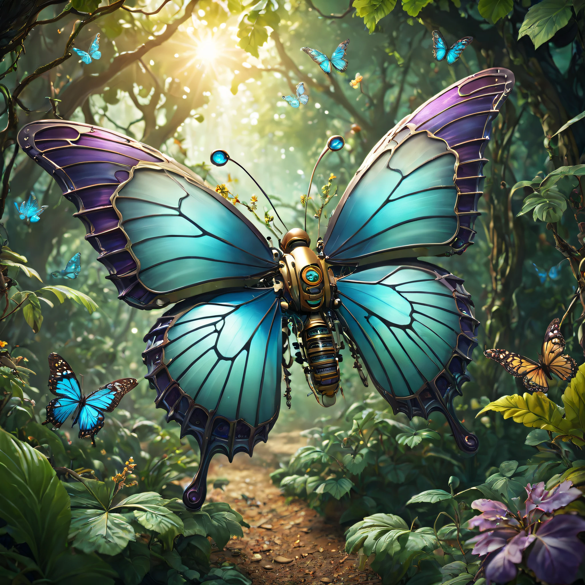 Futuristic ethereal butterfly，Sci-fi butterflies，Futuristic butterflies，mechanical butterfly，Futuristic jungle background，tmasterpiece，（Very detailed CG unified 8k wallpaper），（Best quality），（Best Best Illustration），（The best shadow），The background is a forest theme，With natural elements，Blooming flowers，warm color palette，Surrounded by delicate leaves and branches，rays of sunshine，（nature elements），（Jungle theme），（leafs），grape trees，butterflys，（exquisite leaves），（particle effect），isometric 3D，Rendered by Octane， ray traycing，ultra - detailed