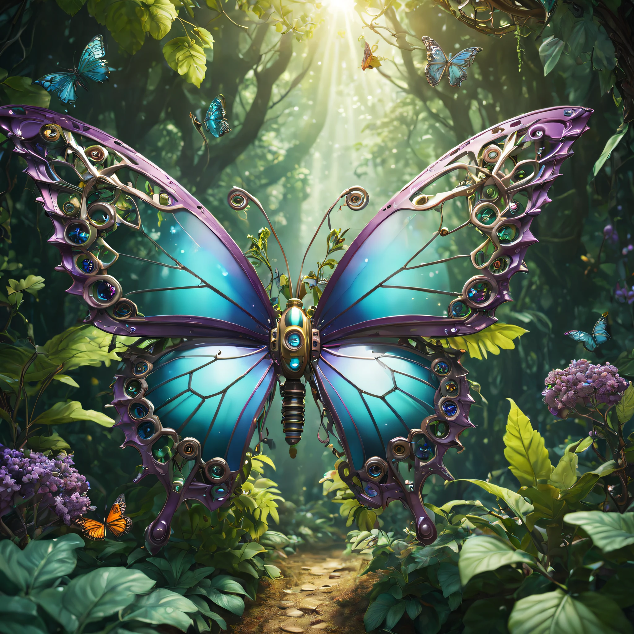 Futuristic ethereal butterfly,Sci-fi butterflies,Futuristic butterflies,mechanical butterfly,Futuristic jungle background,tmasterpiece,(Very detailed CG unified 8k wallpaper),(Best quality),(Best Best Illustration),(The best shadow),The background is a forest theme,With natural elements,Blooming flowers,warm color palette,Surrounded by delicate leaves and branches,rays of sunshine,(nature elements),(Jungle theme),(leafs),grape trees,butterflys,(exquisite leaves),(particle effect),isometric 3D,Rendered by Octane, ray traycing,ultra - detailed