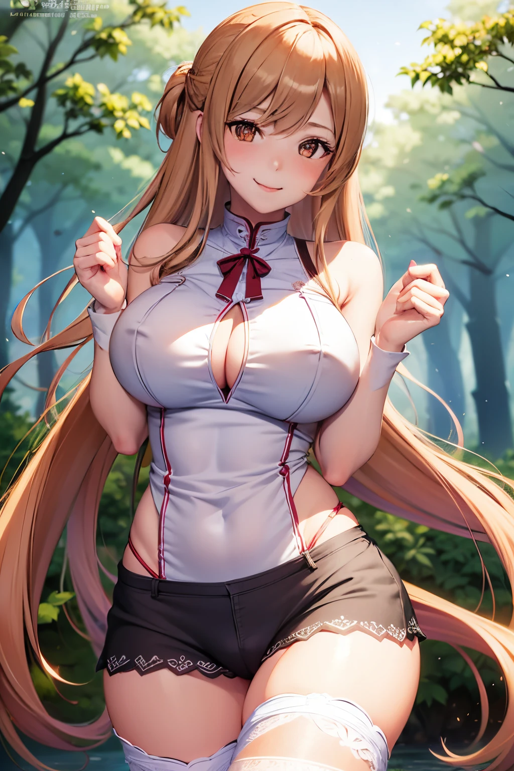 Smile, Bangs, Colossal tits , (masutepiece:1.2), Best Quality, High resolution, Unity 8k壁纸, (Illustration:0.8), (Beautiful detailed eyes:1.6), extra detailed face, big naked boobs with , sexy, , Perfect Lighting, extremely details CG, (Perfect hands, Perfect Anatomy), A sexy、The clothes are peeling off、In the forest、I see underwear. Bras and pants