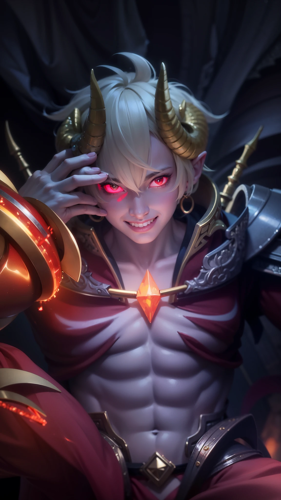 masculine male, masterpiece, ((perfect eyes)) best quality, (semirealism:1.9), beautiful lighting, (extremely detailed CG unity 4k fhd wallpaper), High Detail, Sharp focus, dramatic outdoors, 1 boy ,19 years old, brown short hair, blue eyes, smile, Boy with two big horns, big earrings on ears, elf ear, red eyes, Thick eyebrows, evil smile, grinning,red body, red face, Burning skin, yellow diamonds glistening on chest, burning red skin,golden robe behind, big white belt , 8k , realistic, scary,