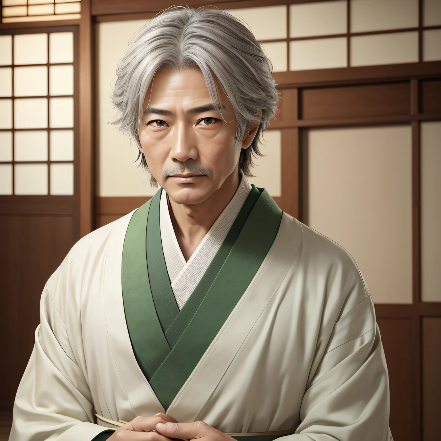 Realistic anime style, from the front, close-up on the face, Man, Japanese, 55 years old, age marks on the face, loose medium gray hair, no beard, green eyes, traditional Japanese nobility clothing in white, gold and green, fixed gaze and seriously, in a Japanese room with various decorations made of jade
