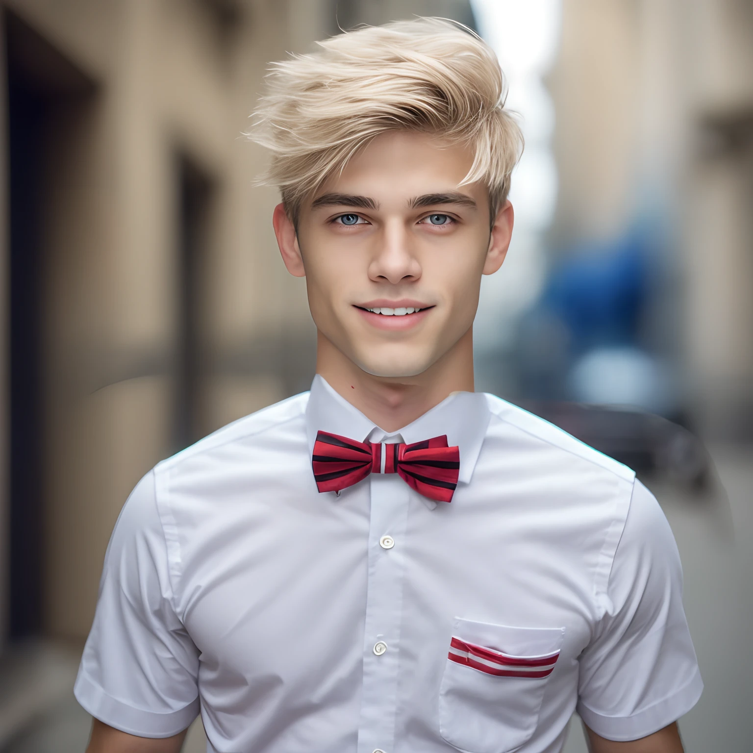 Upper body wearing stereotypical nerd clothing. White short sleeved shirt. Pocket protector with pens. Red bow tie, red striped suspenders