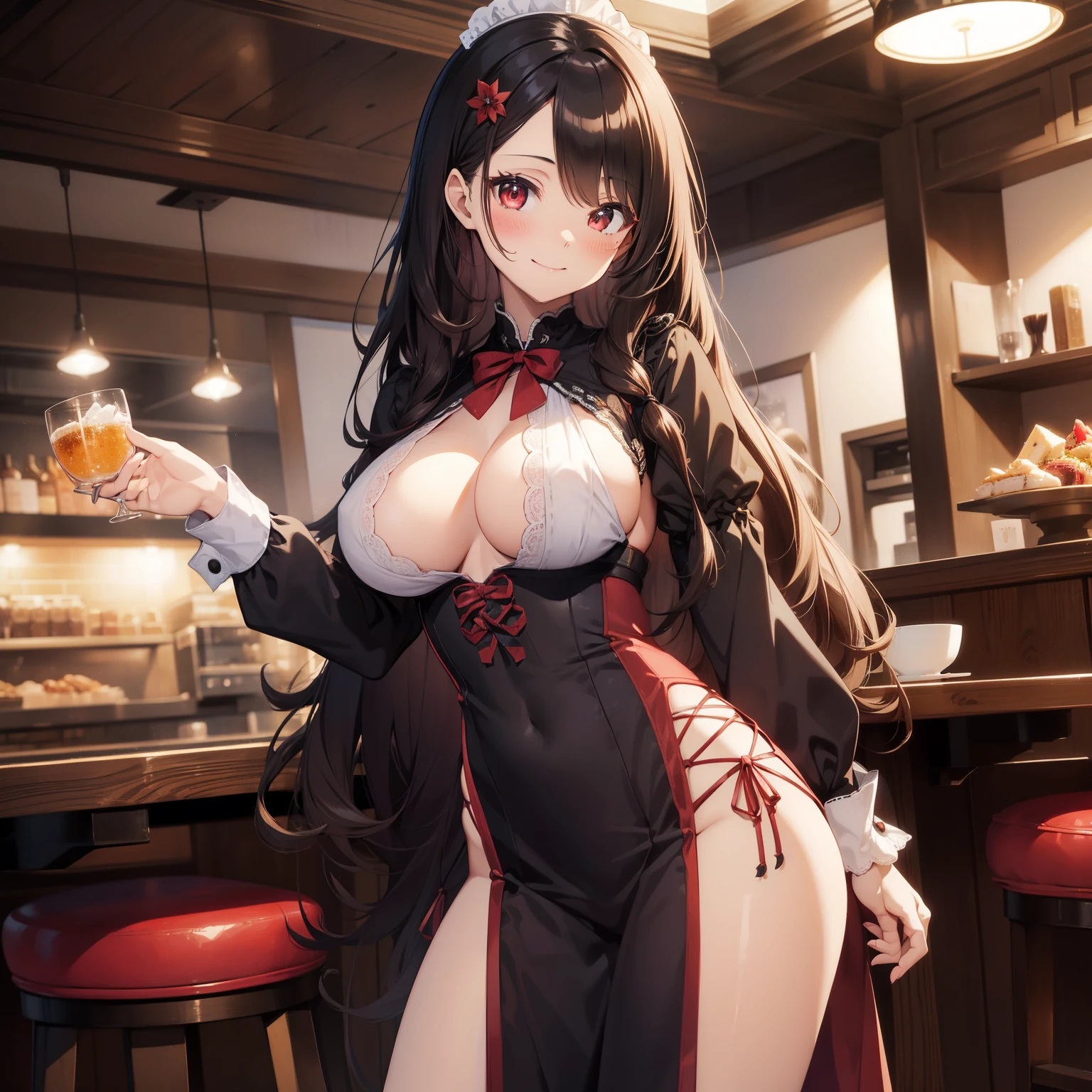 (masutepiece,Best Quality,8K),(extremely detailed CG1.1),s girl,Smile,large boob,(From below:1.2),Intricate details , Hyper realistic, Perfect Anatomy,A dark-haired,Red Eyes,(((Forehead))),Permed hair with wavy hair,(((length hair))),Hair over one eye,hair slicked back,(((Standing))),Full body,Maid costume,blush,Happy smile,Old restaurant,Looking at Viewer