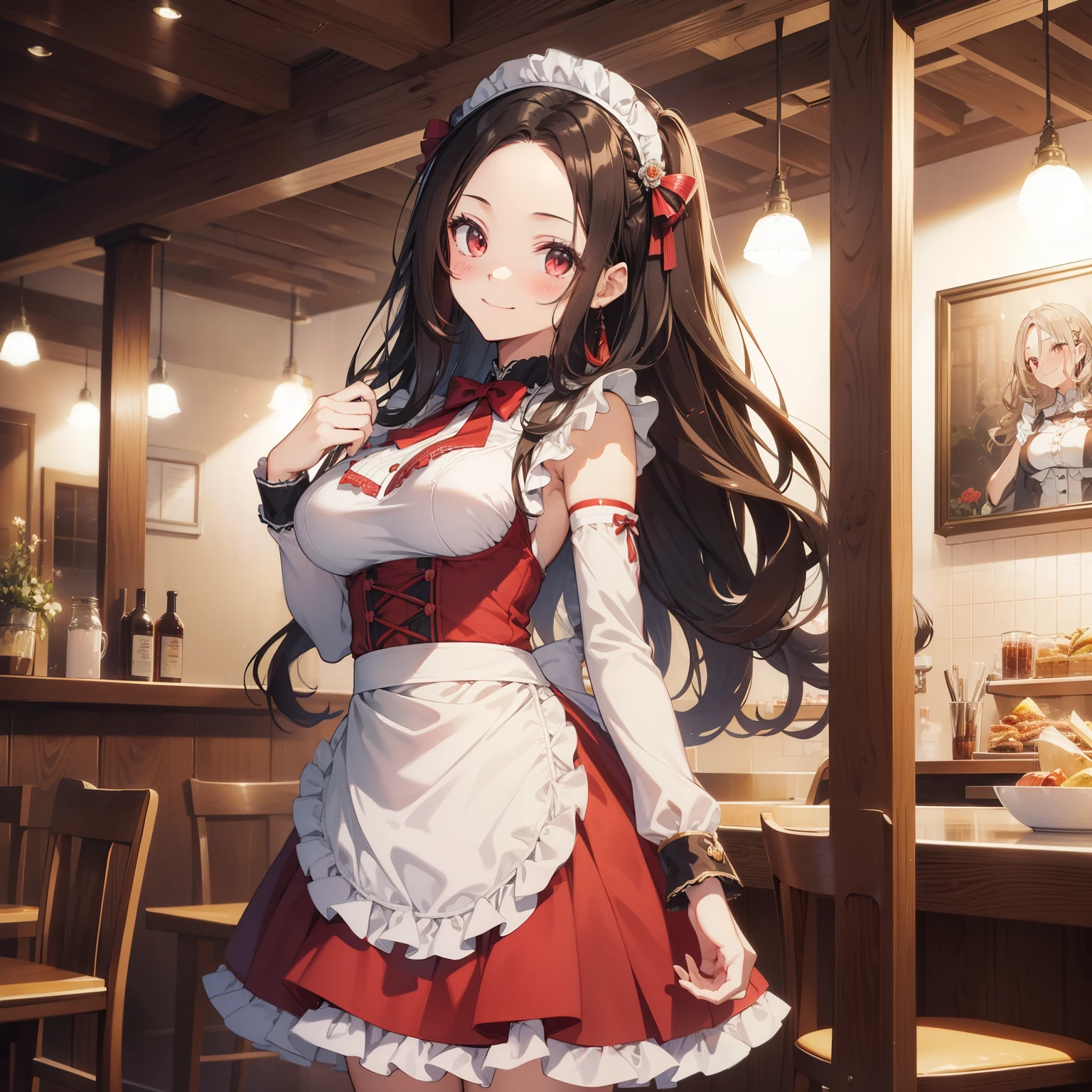 (masutepiece,Best Quality,8K),(extremely detailed CG1.1),s girl,Smile,large boob,(From below:1.2),Intricate details , Hyper realistic, Perfect Anatomy,A dark-haired,Red Eyes,(((Forehead))),Permed hair with wavy hair,(((length hair))),Hair over one eye,hair slicked back,(((Standing))),Full body,Maid costume,blush,Happy smile,Old restaurant,Looking at Viewer