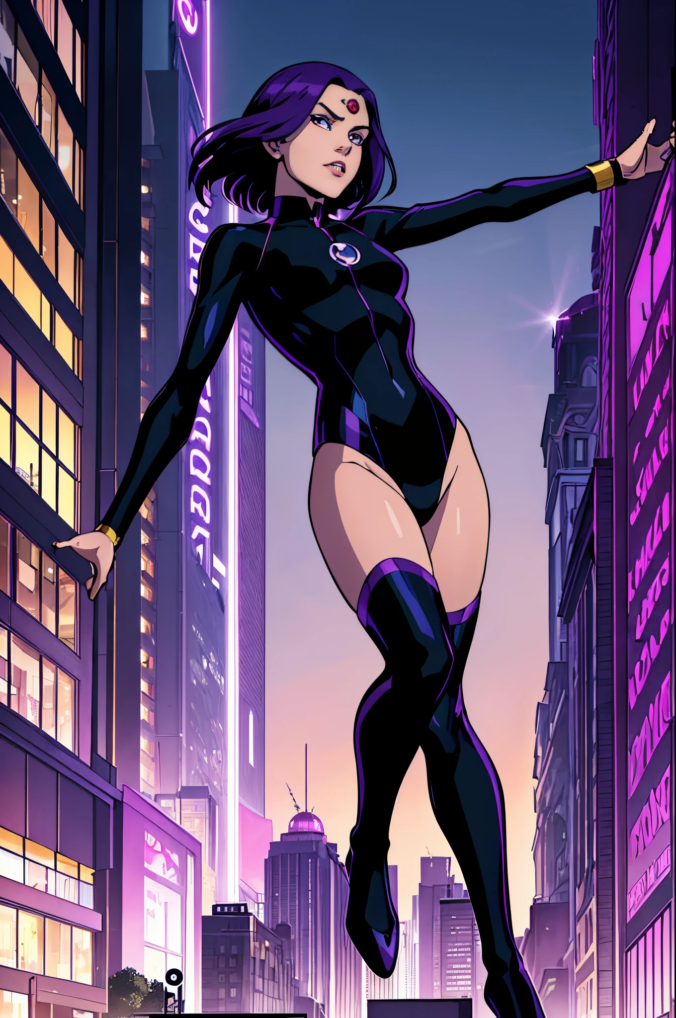 1girl, young, raven (teen titans), black long sleeve swimsuit, purple hair, short hair, slim body, shining eyes, white shine eyes, full body, flying pose, city scenary, high quality, perfect details, night, dark illumination, cover style