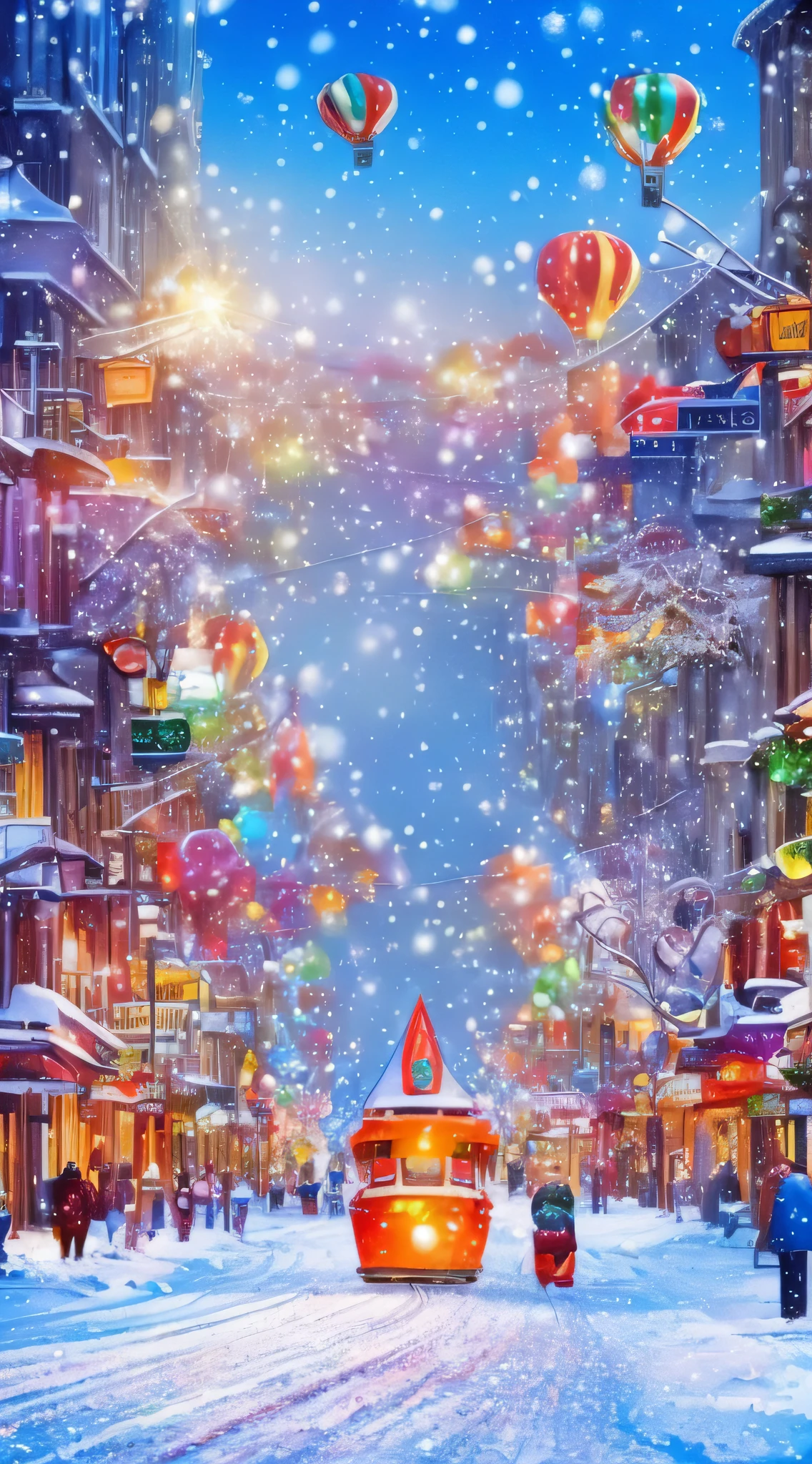 Beautiful, ​masterpiece, Beautiful digital art, colourfull, Beautiful colors, Urban cityscape, Winter scenery, It's snowing a little, snow piling up in the city, There&#39;s a rainbow in the sky, blimp, Christmas Eve, balloons, Smiling person々, carnival day, busy