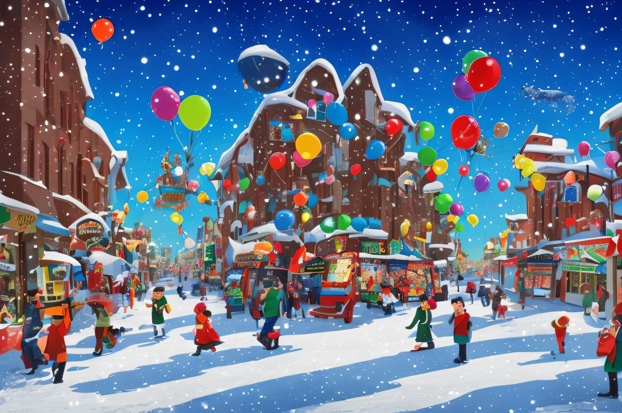 Beautiful, ​masterpiece, Beautiful digital art, colourfull, Beautiful colors, Urban cityscape, Winter scenery, It's snowing a little, snow piling up in the city, There&#39;s a rainbow in the sky, blimp, Christmas Eve, balloons, Smiling person々, carnival day, busy, A lively city, vivid art