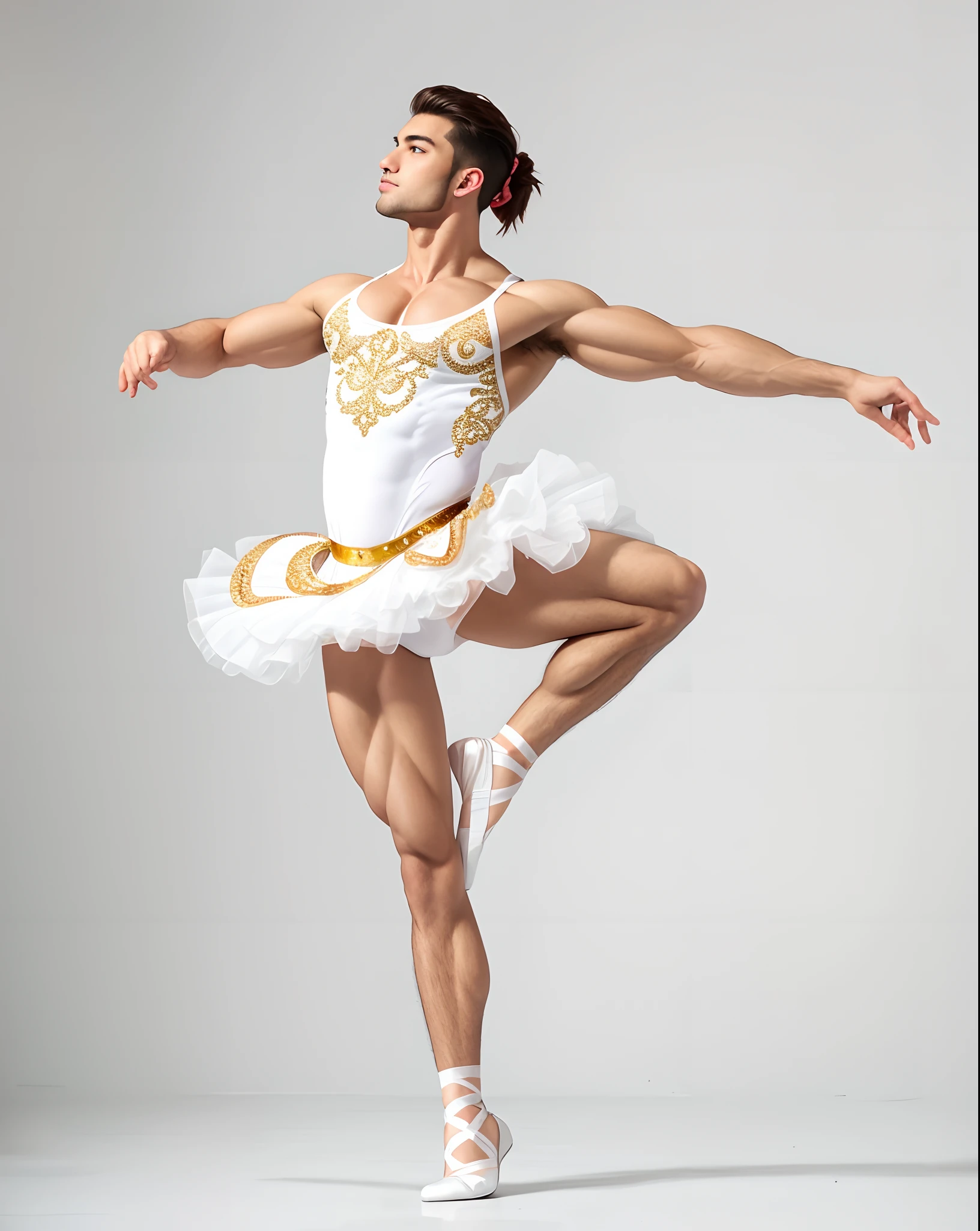 Muscular guy doing ballet pose.