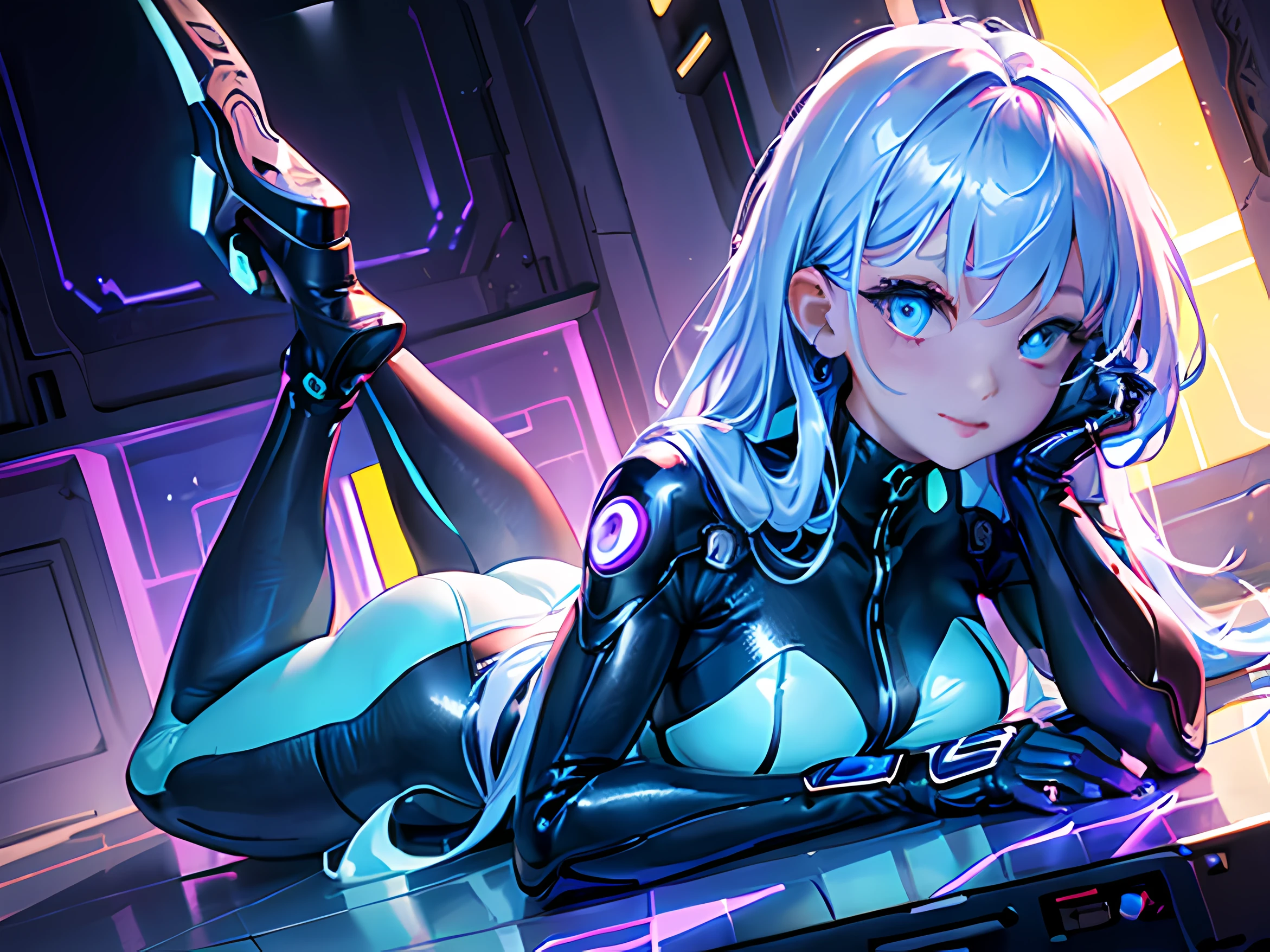 ((high res, HDR, HD, Ultra sharp, 8k)), full body glamor photography photo of a mature girl with generous round breasts with long blonde hair with bangs, (blue innerhair), wearing a purple radiating tech bodysuit, glossy suit, she has a very detailed face, (electric blue eyelashes), eyeliner and glowing round detailed (radiant green eyes), smiling at the viewer, Cybernetic, Futuristic, radiating purple light body suit,(((bold demeanor, laying down on back pose, full body on frame))), neon,
hyperrealist ultra detailed futuristic city background, slim and smooth lines, fill lighting , ((top down angle)), ARRI ALEXA 65,Kodak Vision3,Voigtländer Nokton 50mm f1.1,