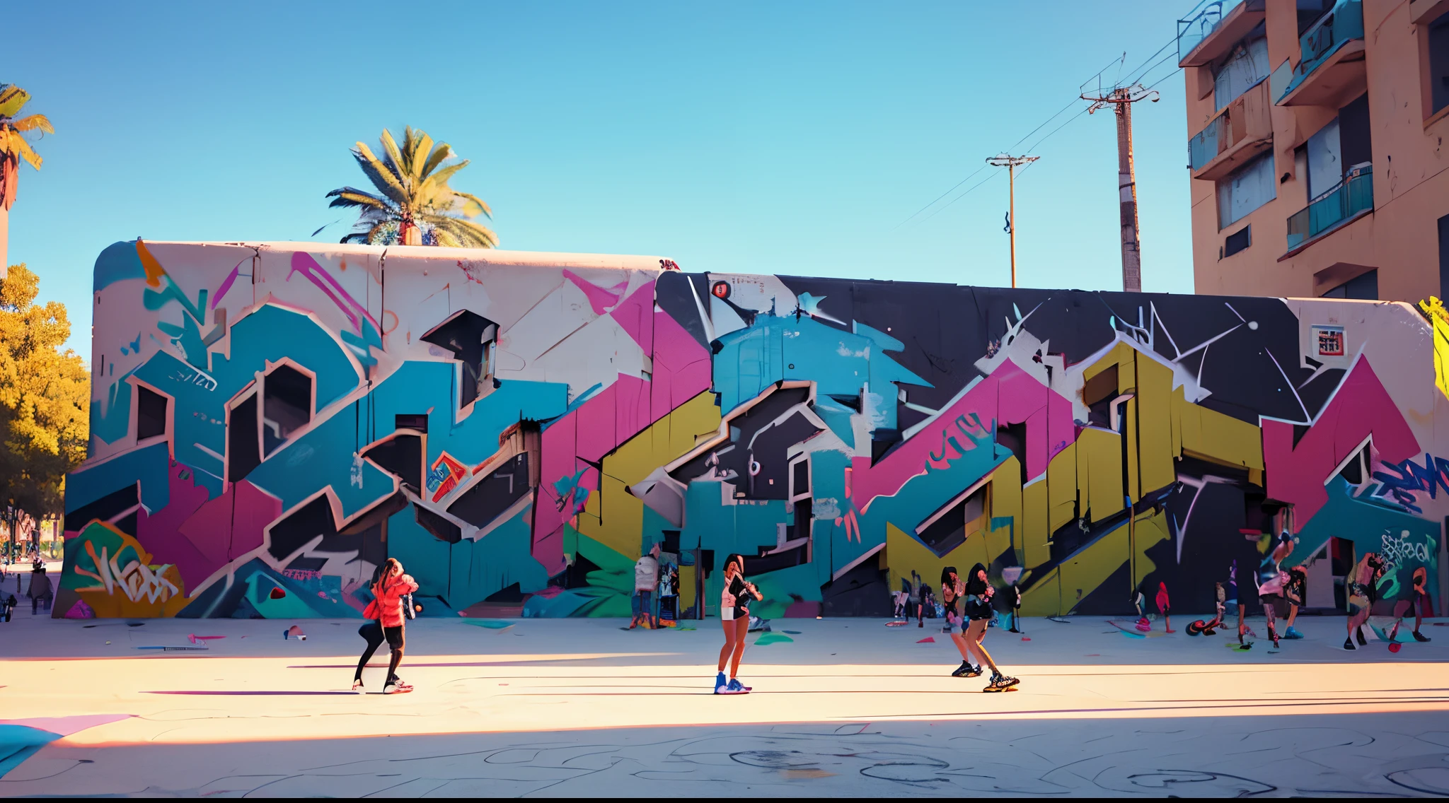 parque de patinaje todo con graffitis, Antecedentes altamente detallados, Obra maestra perfecta, alta calidad, High resolution