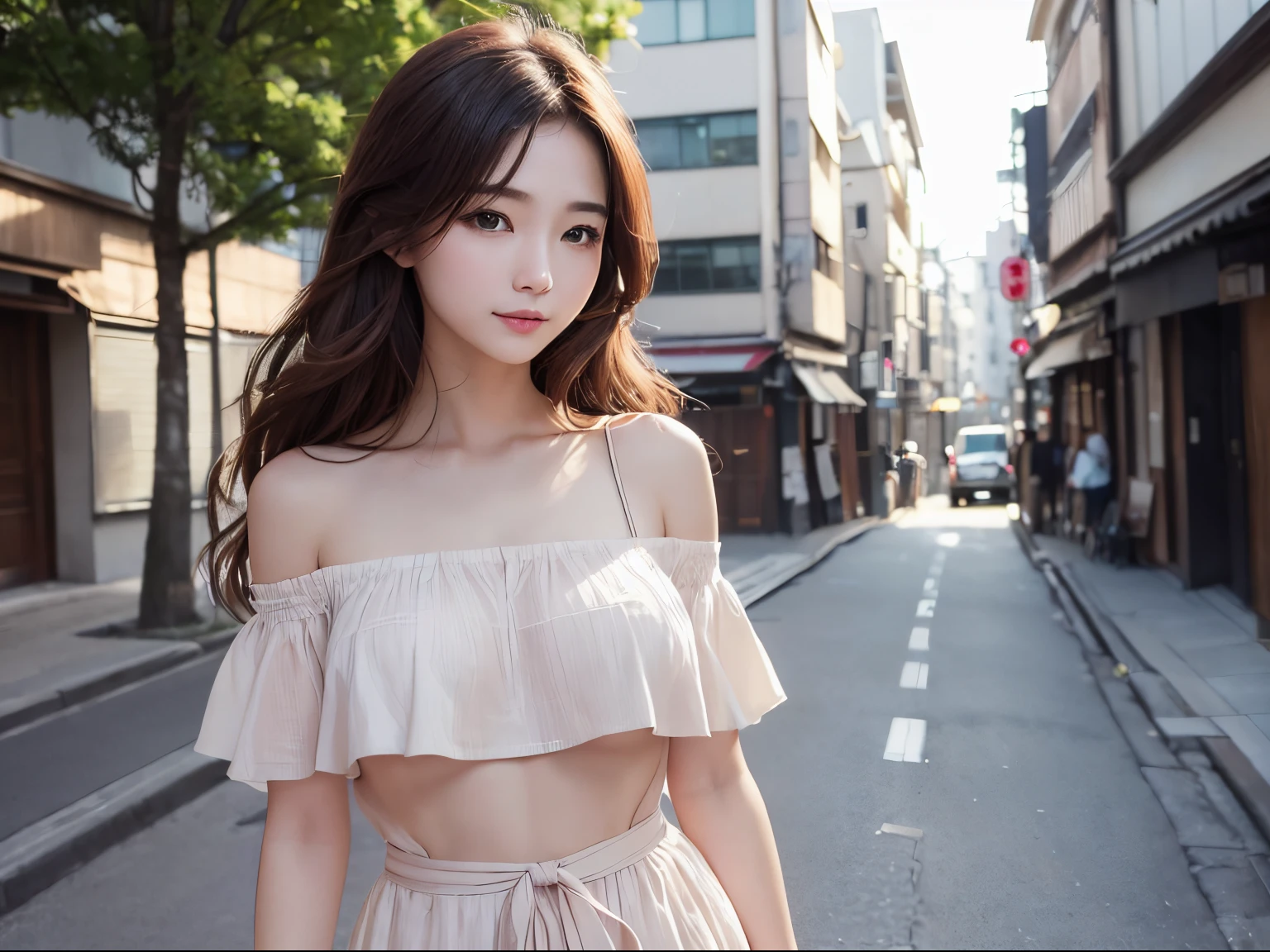Petite woman with brown hair, 22 years old、Standing whole body、Streets of Tokyo、off shoulder blouse、goddes、bloom、lensflare、Smile here(8K、raw、proffesional、top-quality、masterpiece:1.2)、(realisitic、Photorealsitic:1.37)、ultra-detailliert、(25mm portrait front view)、(Highest Details Skins:1.2)、(Supreme Detail Face:1.2)、Cinematographic lighting、1womanl、japanes、long wavy brown hair、(Windy)、Walking on a street corner、Warm natural light、A smile on your cheek、shot from front、((top-quality、8K、masterpiece:1.3))、Beautiful woman with perfect figure:1.4、Slender Abs:1.3、((dark brown hair、Hair that flutters in the wind、beautiful boob:1.2))、Highly detailed facial and skin texture、A detailed eye、二重まぶた、(foco nítido:faces)、Beautiful and sexy、Staring at me)