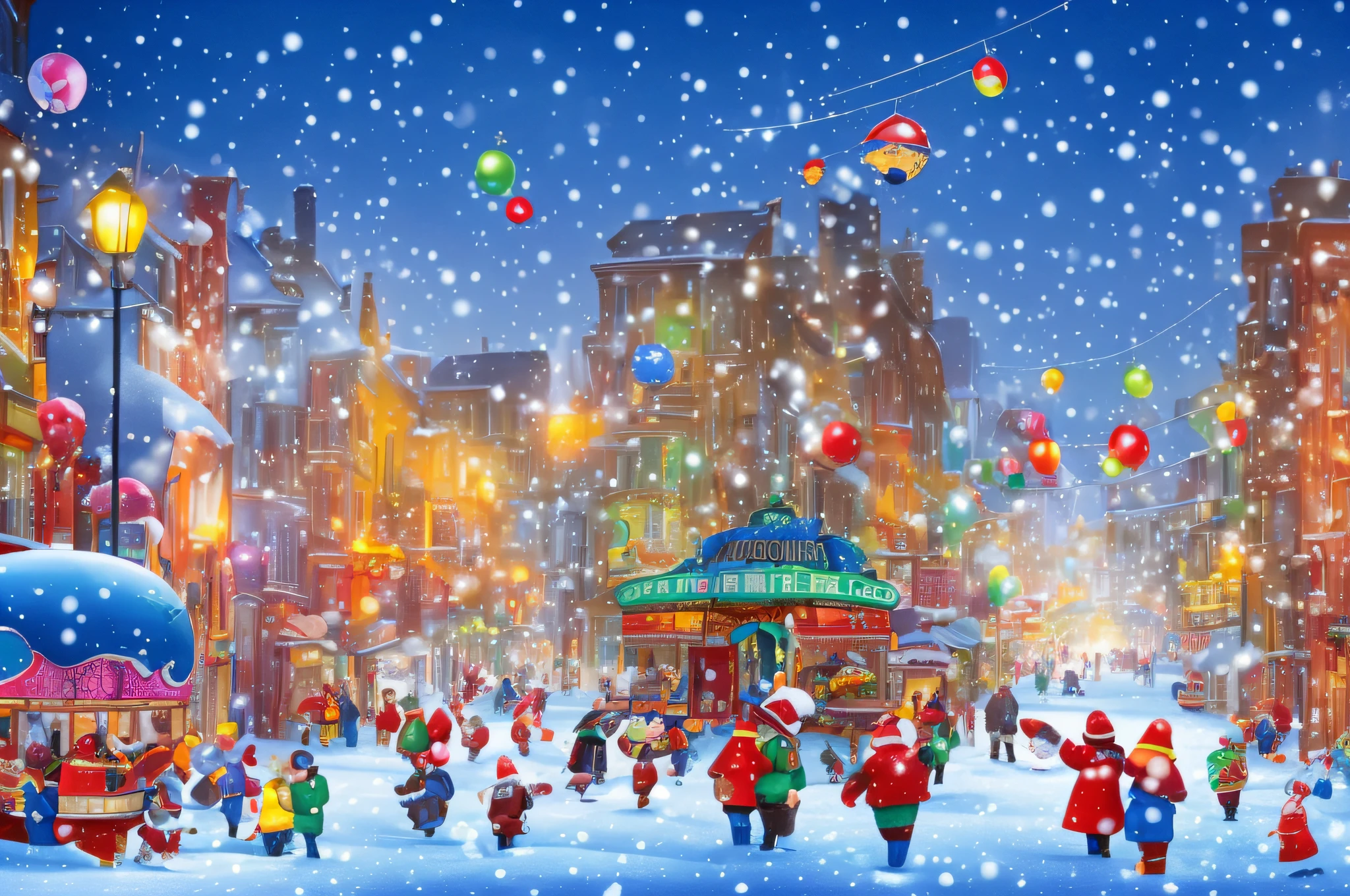 Beautiful, ​masterpiece, Beautiful digital art, colourfull, Beautiful colors, Urban cityscape, Buildings lined up, Winter scenery, It's snowing a little, A little snow falling in the city,  blimp, Christmas Eve, balloons, Smiling person々, carnival day, busy, A lively city, vivid art