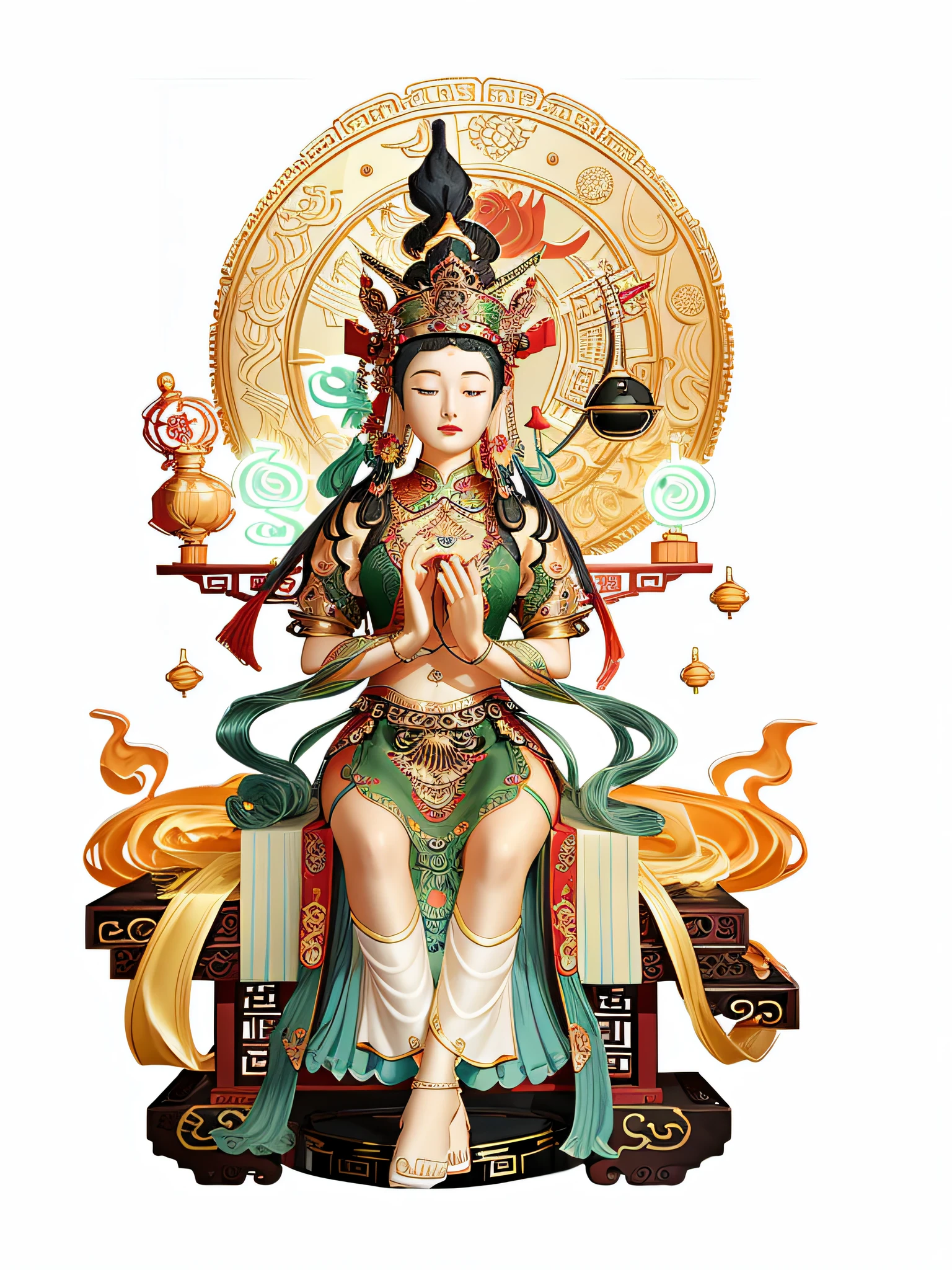 Cartoon of a woman sitting on a chair holding a fan, tired god, an ancient Chinese goddess, guanyin of the southern seas, attractive goddess, Avalokitesvara, contented female bodhisattva, chinese empress, Inspired by Tawaraya Sotatsu, bodhisattva, asura from chinese myth, Goddess of fashion