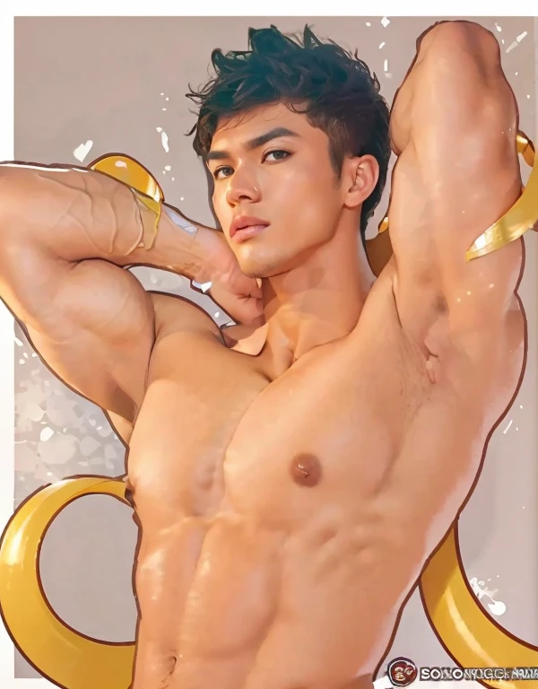 Masterpiece, Best Quality, Solo, super handsome Sundanese Men, bodybuilder, Muscular body, big muscle, Natural eyes, Short and delicate hair, Sexy Man, long hard nipple, looking up at viewer, Triangle Men's Swimwear, large bulge, erection, legs open, Muscular posture