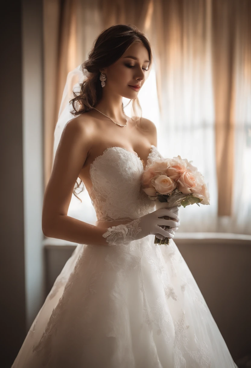 （（best qualtiy））， （（tmasterpiece）） WEDDING PRINCESS DRESS， llight rays， Lens Flare Glow， white petals， Exotic，Close up portrait of beautiful bride in bridal dress,Guvitz，Head flower，Head dress，blush，（Bandeau Wedding Dress：1.5），（Silk dress：1.2）,（Strapless Wedding Dresses：1.5）,plain white dress，Necklace，Earring，cleavage，(Colossal tits:1.3)，Deep V Peach Heart Color Wedding Dress，Liuhai，bouquet，(Lace gloves:1.2)，(Bridal Veil:1.2）,（Short transparent veil：1.2），Bust Photo,High Detail RAW Color Art,Tyndall phenomenon，(At the angle at which the camera is pulled、Full body image of a person)、（Breast milk 1.6)No Underwear、(((sexual teasing、Angle from below、open the legs widely、 leaks、Leaking pee)))