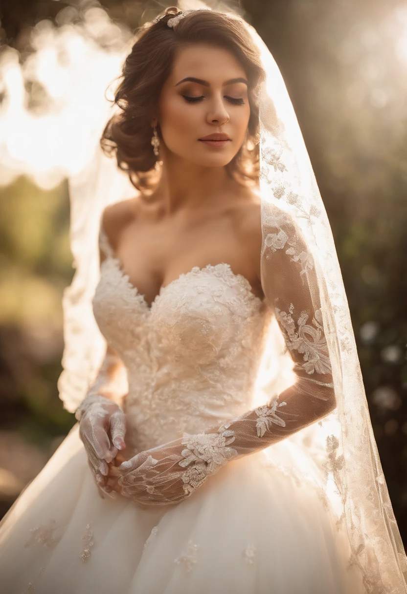 （（best qualtiy））， （（tmasterpiece）） WEDDING PRINCESS DRESS， llight rays， Lens Flare Glow， white petals， Exotic，Close up portrait of beautiful bride in bridal dress,Guvitz，Head flower，Head dress，blush，（Bandeau Wedding Dress：1.5），（Silk dress：1.2）,（Strapless Wedding Dresses：1.5）,plain white dress，Necklace，Earring，cleavage，(Colossal tits:1.3)，Deep V Peach Heart Color Wedding Dress，Liuhai，bouquet，(Lace gloves:1.2)，(Bridal Veil:1.2）,（Short transparent veil：1.2），Bust Photo,High Detail RAW Color Art,Tyndall phenomenon，(At the angle at which the camera is pulled、Full body image of a person)、（Breast milk 1.6)No Underwear、(((sexual teasing、Angle from below、open the legs widely、 leaks、Leaking pee)))