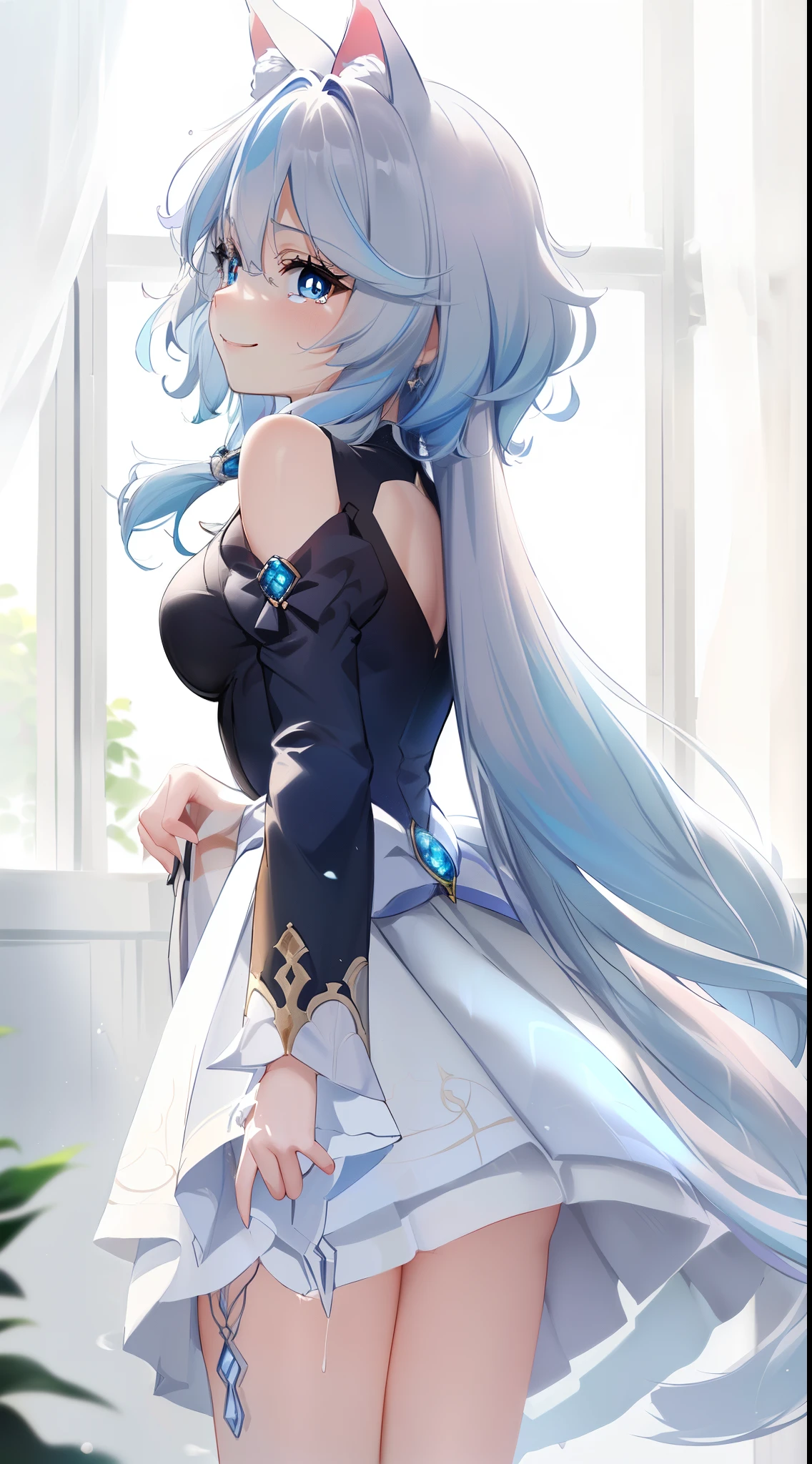 style of anime. 8K,  8K high quality detail art,Anime style 4k, She has a pair of fluffy cat ears，Elegant,quadratic element,Exquisite, tmasterpiece, Best quality, {Best quality}, White hair, Blue hair, Eau, Grinning, 1 beauty, tear pupil, Cute big breasts,best qualtiy，detailed back ground，A high resolution，absurderes，blooming shiny hair，Exposure to light，Bright pupils，Focus on the legs，long whitr hair,beautifullegs，White stockings，Milk splashed on face，In one bed