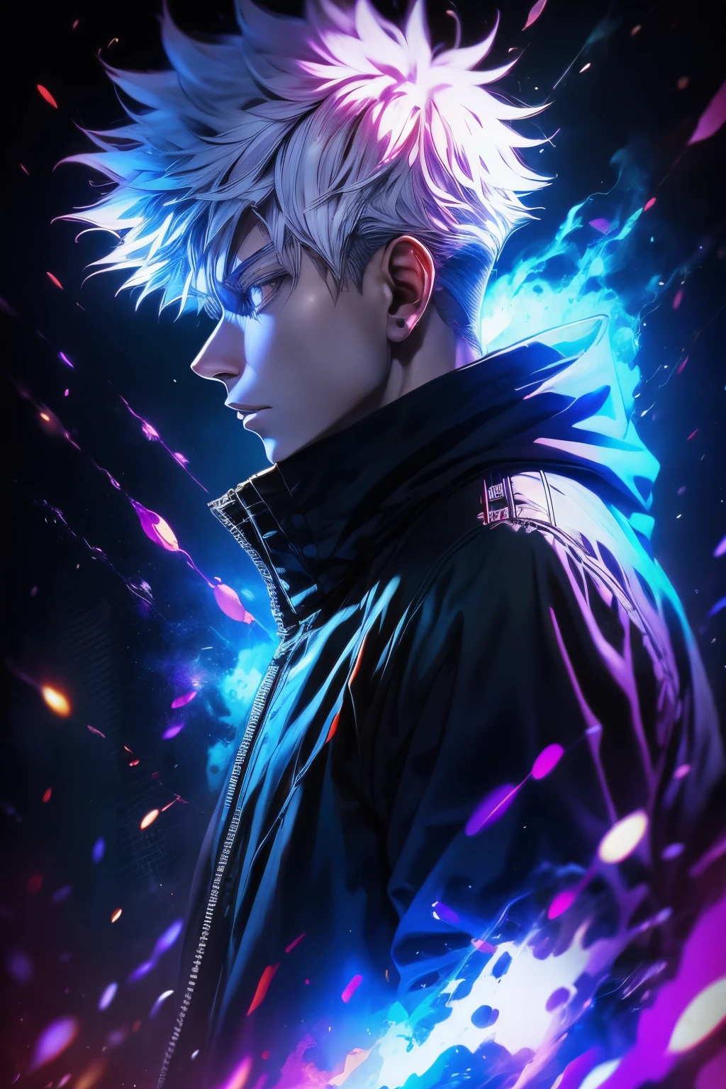 a man with white hair and a purple jacket holding a sword, cyberpunk art inspired by Munakata Shikō, tumblr, digital art, ufotable art style, anime wallaper, profile picture 1024px, trigger anime artstyle, badass anime 8 k, tokyo ghoul, 4k anime wallpaper, jujutsu kaisen, Gojo Satoru, face fotward,