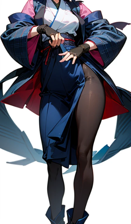 (((Very detailed ArtGerm, Delicate animations, Guweiz style artwork, Detailed Digital Animation Art, 8K, Super Detail, nffsw, masutepiece, High quality , High resolution))), ((Beautiful face: 1.2, Beautiful hands, Perfect hands, perfect and delicate limbs)), Woman in pink collarless jacket, Light blue checked kimono, Navy hakama with side slits. Woman. 1 woman, Goddess, Female, full body, Short dark brown hair, disheveled, Purple eyes, (Pink collarless jacket: 1.1), (Side slit hakama skirt: 1.1), gloves, (Light blue kimono), Black Gloves, (Navy plaid hakama), Long skirt, (Black pantyhose), Short boots, (((White background))),