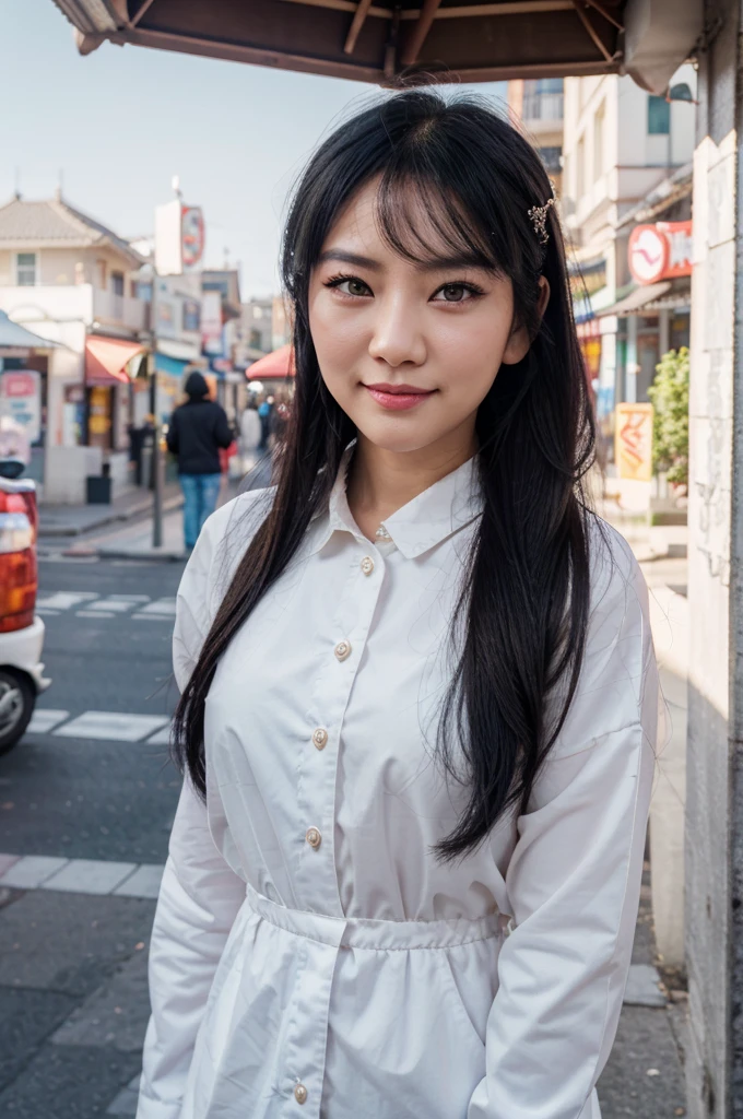 white asian women, black hair, hair bobbles, longeyelashes, solid circle eyes, light smile, ear blush, fang, Surrealism, drop shadow, anaglyph, stereogram, tachi-e, pov, atmospheric perspective, 8k, super detail, best quality, small city background, shopping