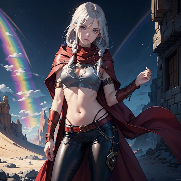 a painting, illustartion, Vertical painting, A  girl, gray hair, Rainbow glare, comics, baggy fantasy clothes (breeches, hood), red scarf, right white eye, left blue eye, bracelets and rings on hands, red leather bracers,, open belly, top, Fantasy Girl, Desert in the background, dnd character
