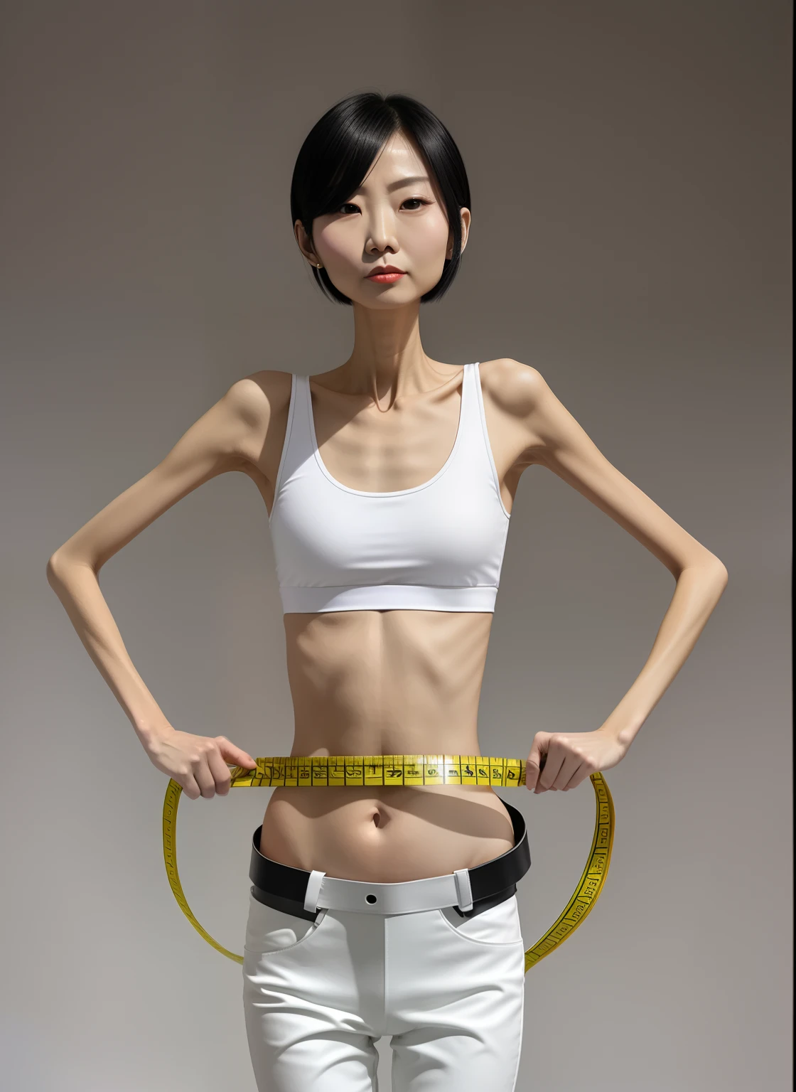 very thin woman, A thin body，Protruding sternum，The waist is very thin，The ribs are noticeable，Protruding ribs，The pelvic protrusion is very obvious，The pelvis is markedly elevated，White skin of the，thin shoulde，The waist is very thin，Sunken abdomen，Delicate arms，The lower abdomen is depressed，Short hair details，Wear tight leather pants，Asia face，The waist is particularly thin，Measure waist circumference with a tape measure，angry look，Excessive weight loss，weeping，Face becomes thinner，Severe malnutrition，Effeminate woman